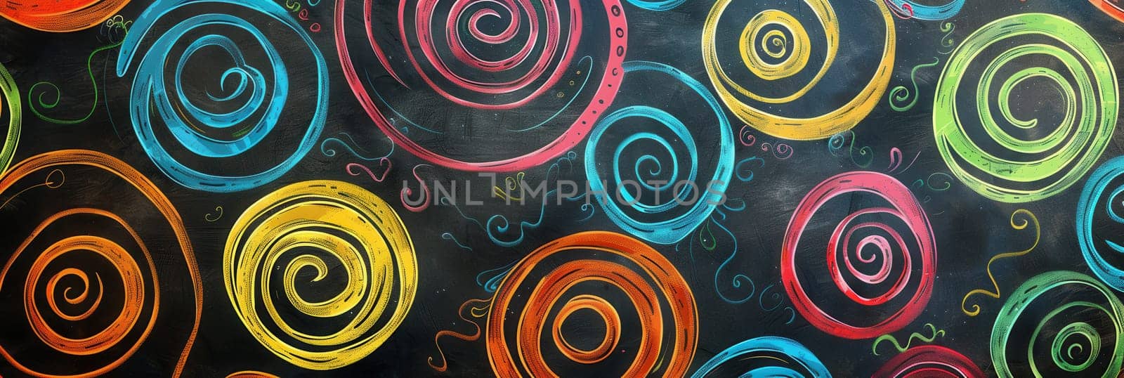A chalkboard displays vibrant spirals and abstract shapes, showcasing student creativity during an engaging art class activity.