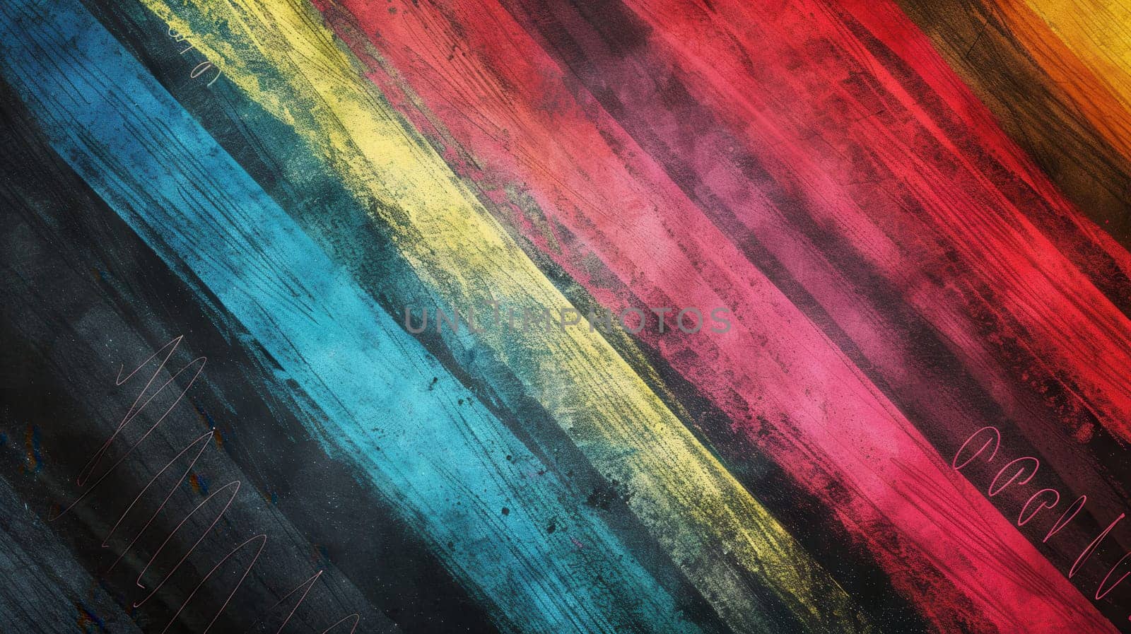 A chalkboard filled with vibrant spirals and abstract shapes showcases creativity during an art class activity.