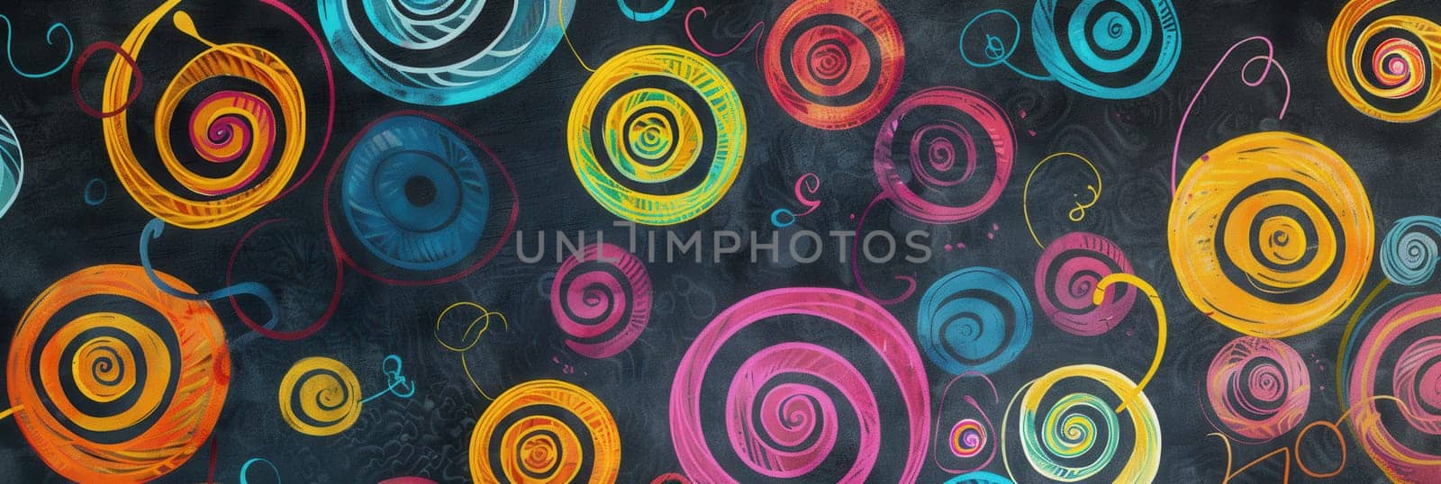 A chalkboard is filled with vibrant spirals and abstract shapes showcasing creativity and imagination in a colorful design perfect for inspiring students.
