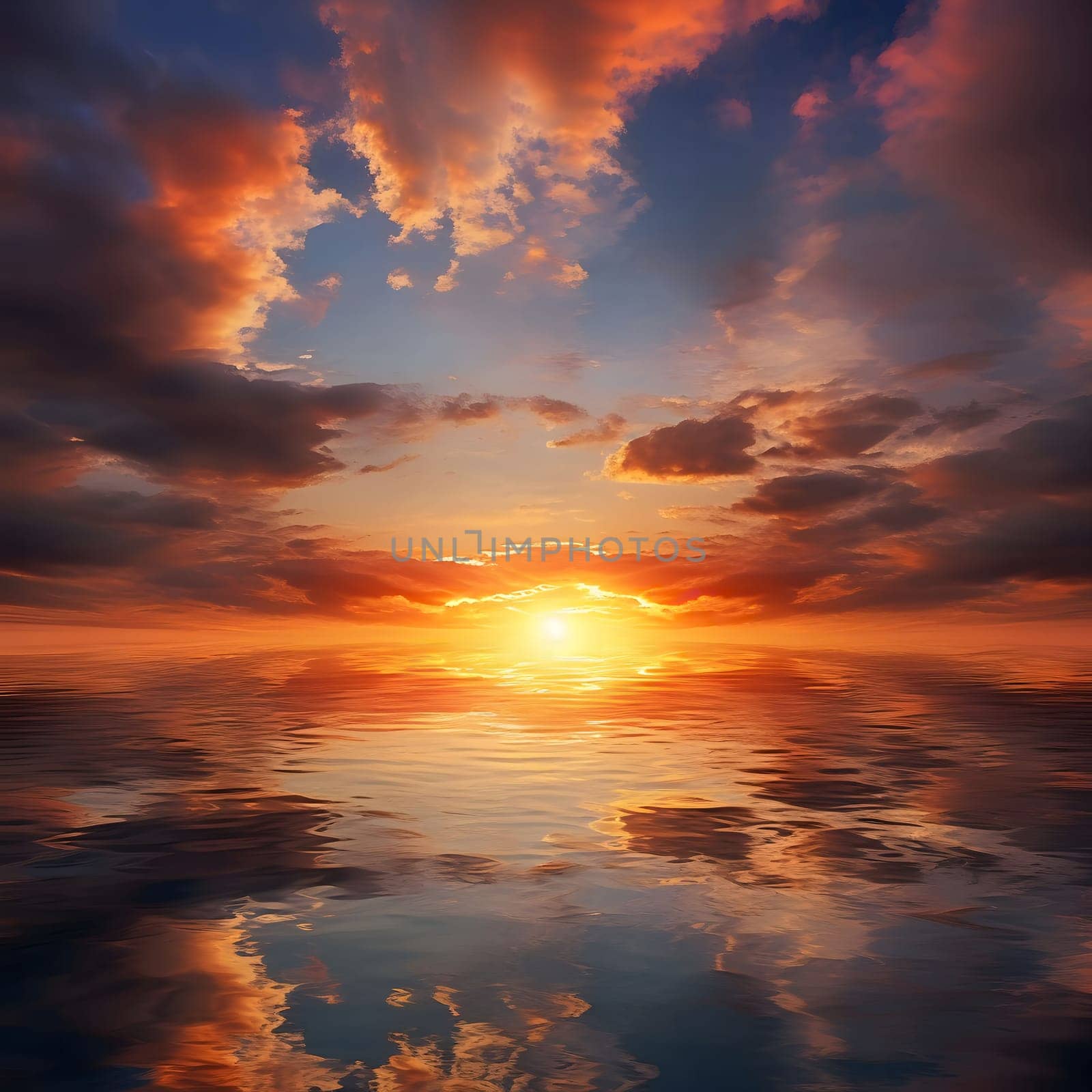 A breathtaking view of a golden sunset over the ocean with clouds reflected in the water. The warm colors create a peaceful and serene atmosphere.