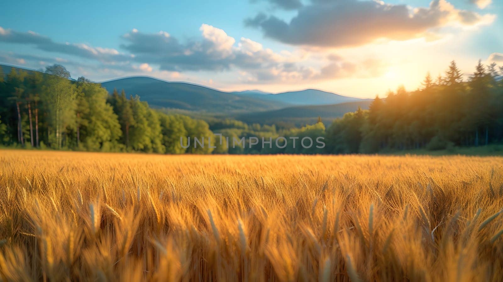 A vibrant golden field stretches out, bathed in the warm glow of the sunset. The silhouette of mountains and a forest line the horizon, creating a picturesque backdrop.