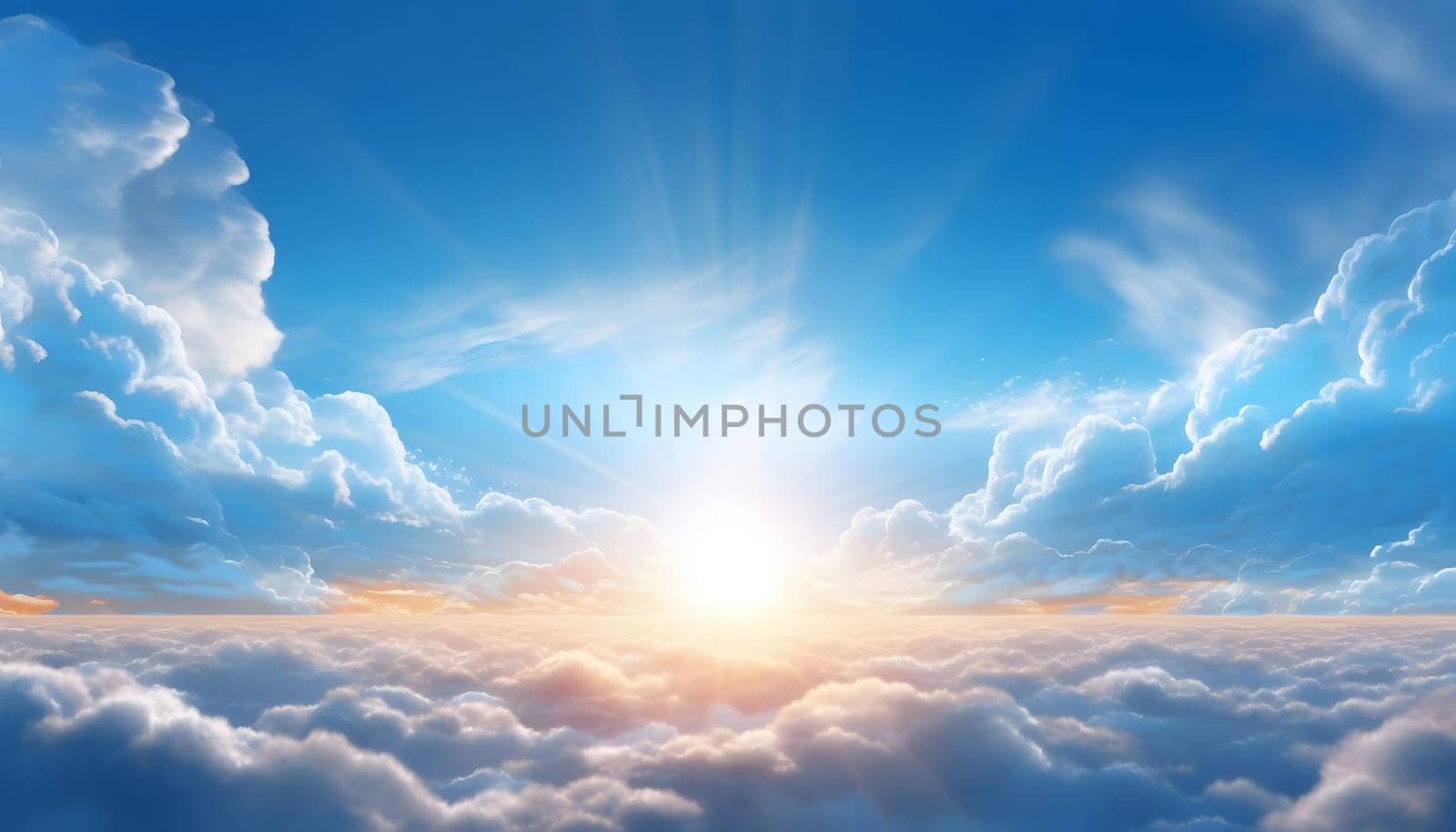 A stunning view of a vibrant sunset with fluffy clouds filling the sky. The warm light casts a golden glow across the horizon, creating a sense of awe and wonder.