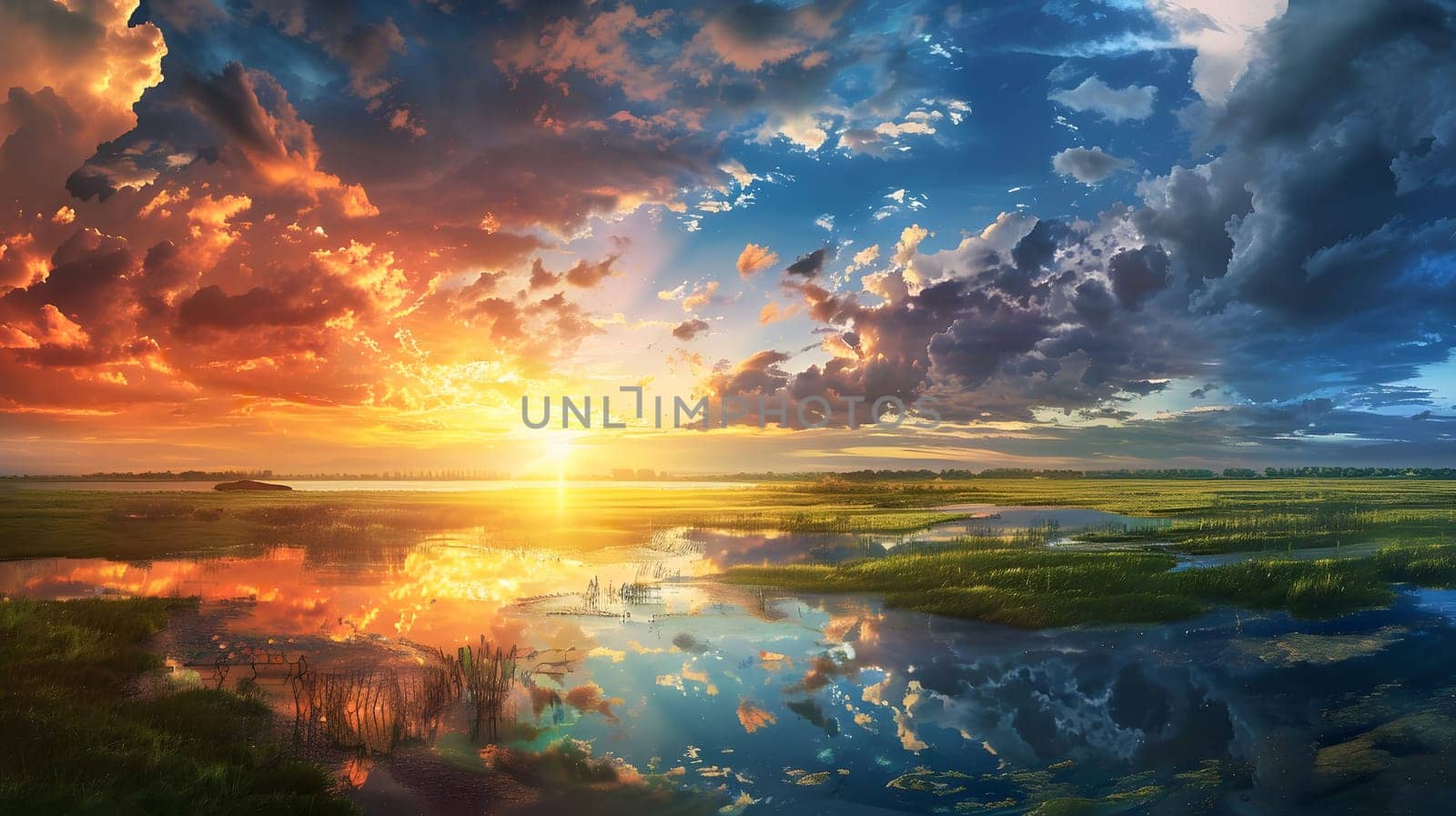 A beautiful sunset over a calm lake with reflection of the clouds and sun in the water. The golden hour paints the sky in vibrant colors, creating a peaceful and serene atmosphere.