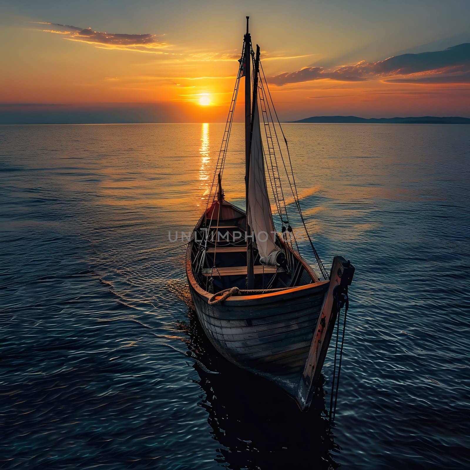 A lone sailboat glides through the tranquil ocean waters as the sun sets, casting a warm golden glow over the sky and reflecting on the water's surface.