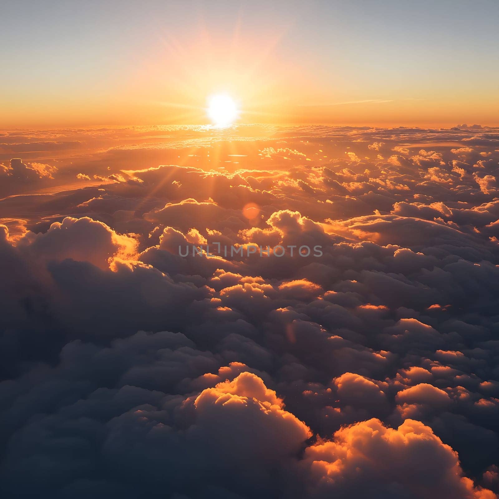 A stunning aerial view of a golden sunset over a sea of clouds. The sun's rays illuminate the sky with warm, vibrant colors.