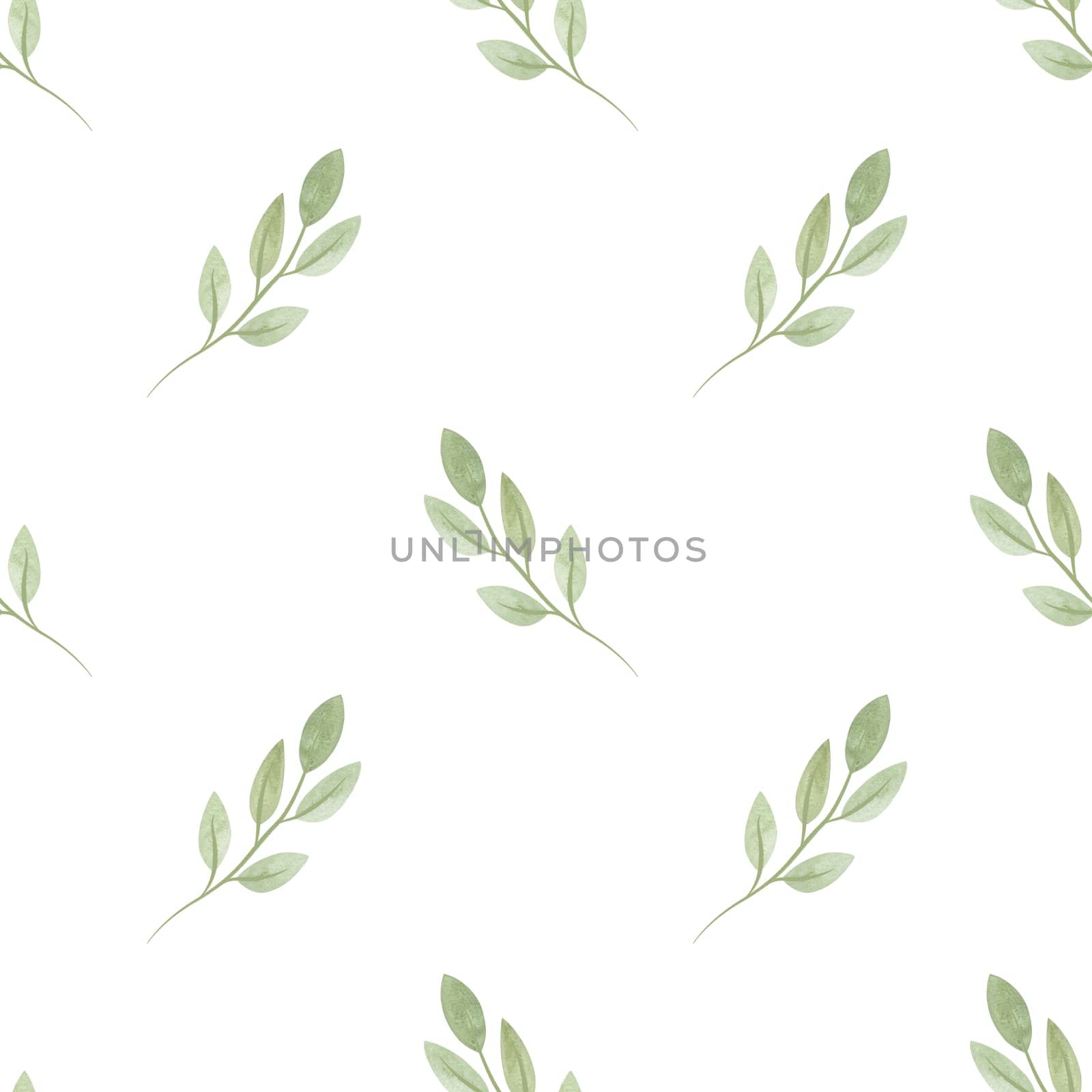 Cute spring soft green twigs with leaves in sketch style. Seamless watercolor pattern for fabric, wallpaper, wrapping paper, packaging cosmetics, tablecloths, curtains and home textiles