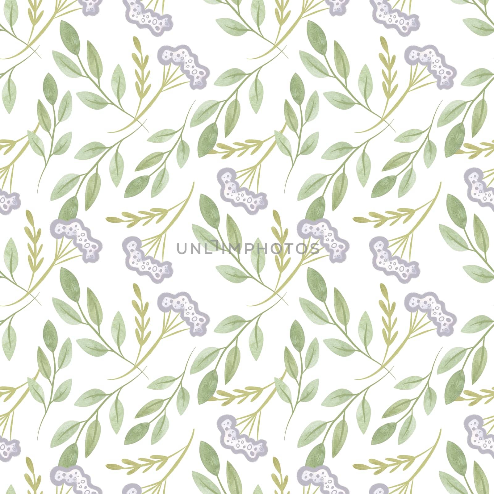 White oregano and soft green branches with leaves. Seamless watercolor pattern for fabric, wallpaper, wrapping paper, packaging cosmetics, tablecloths, curtains and home textiles