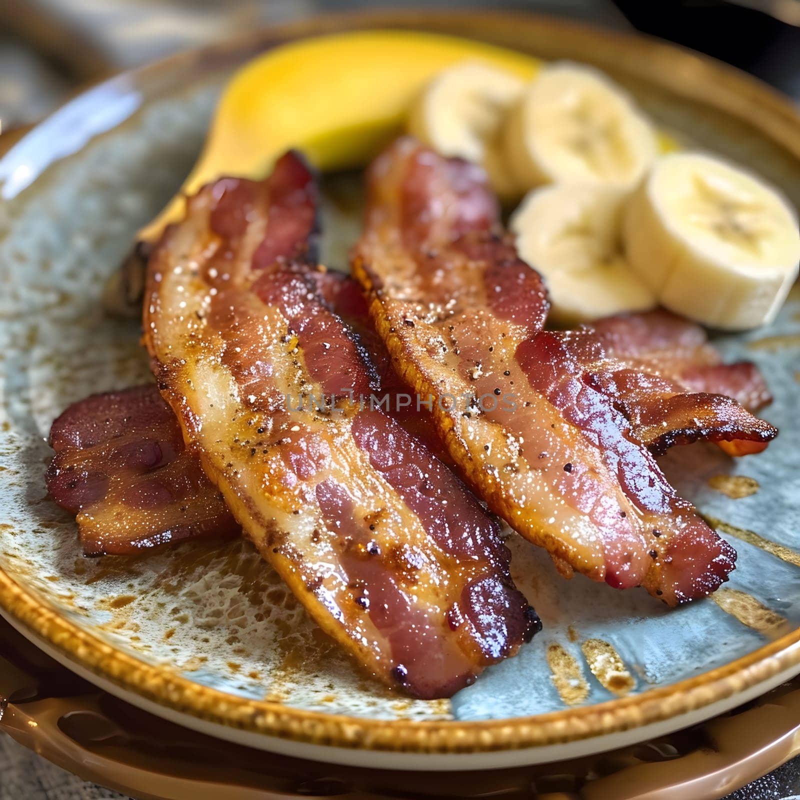 A plate of crispy bacon and slices of bananas. The bacon is cooked to perfection and has a nice golden brown color.