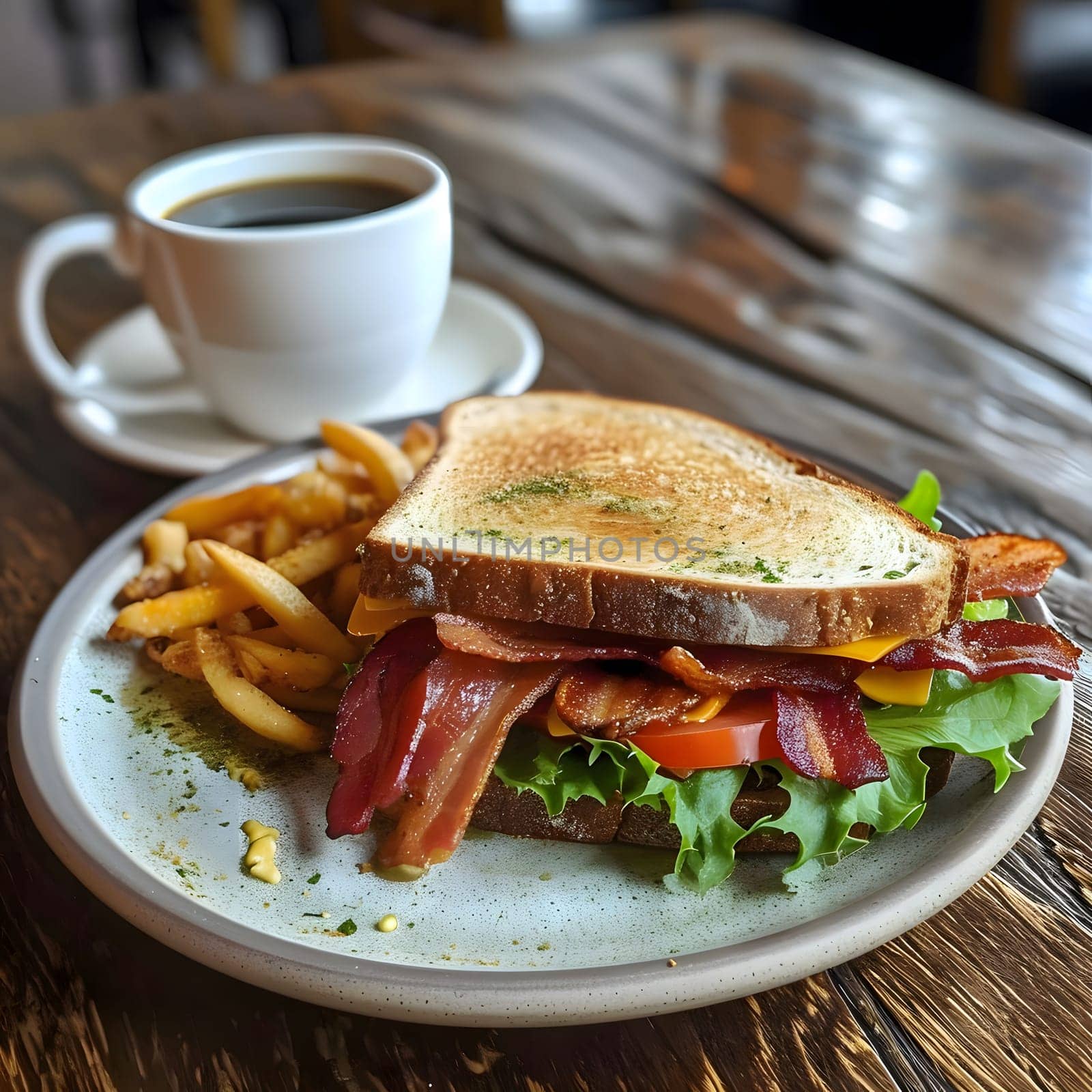 A close-up shot of a delicious bacon sandwich with a side of french fries, captured in a rustic setting.
