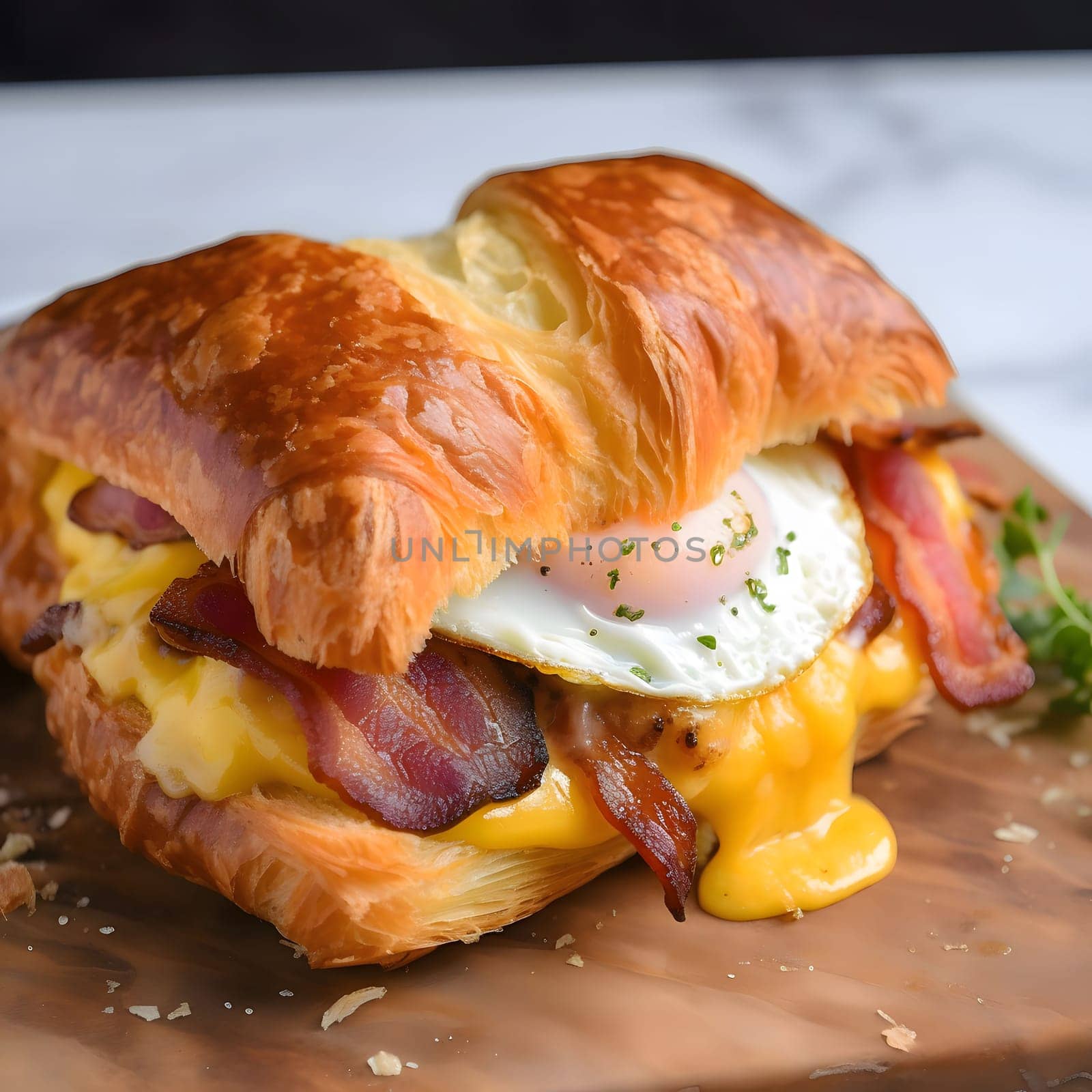 A close-up shot of a croissant sandwich with egg, bacon, and cheese. The sandwich is on a wooden board, and there are crumbs around it.