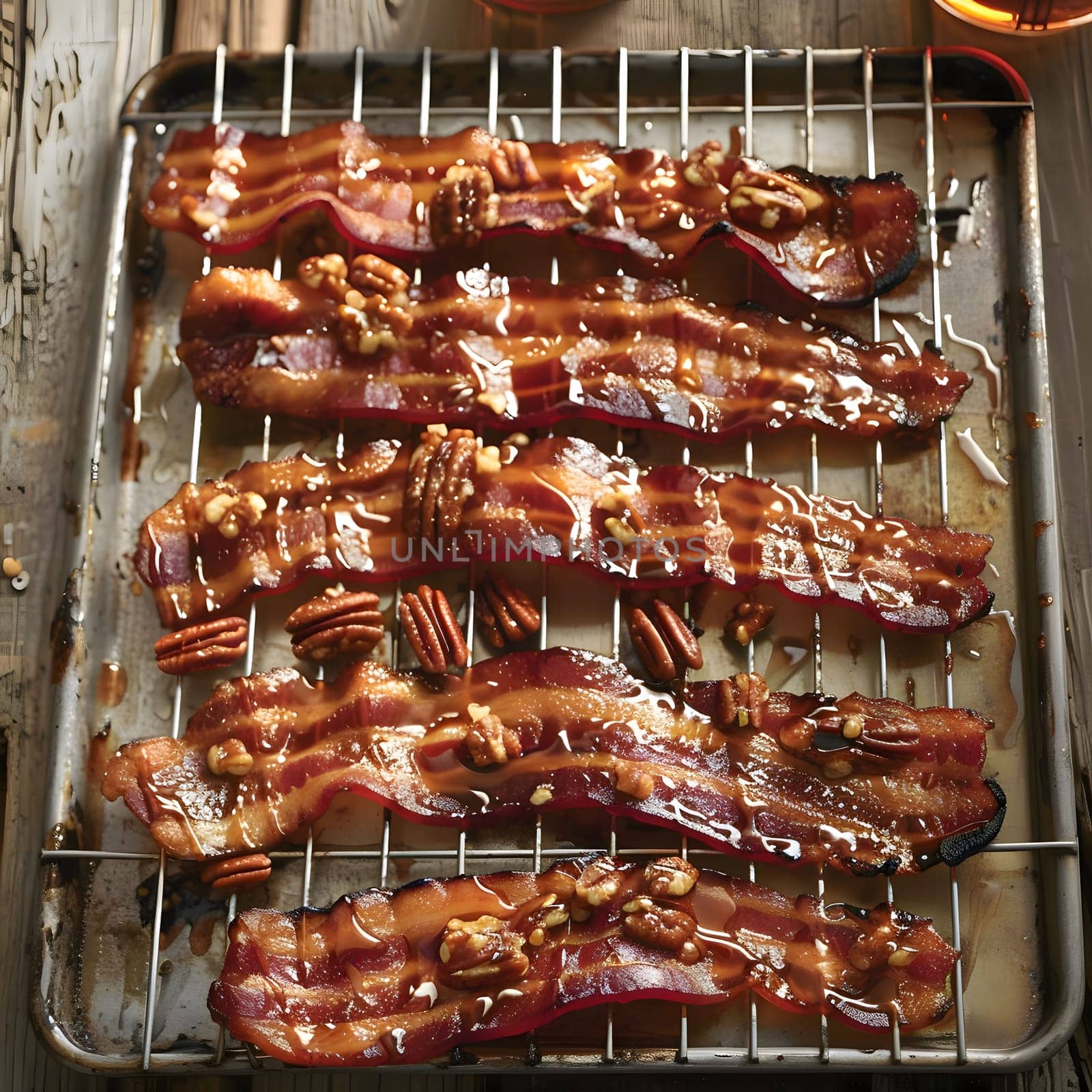 Close up of maple glazed bacon with pecans on a wire rack