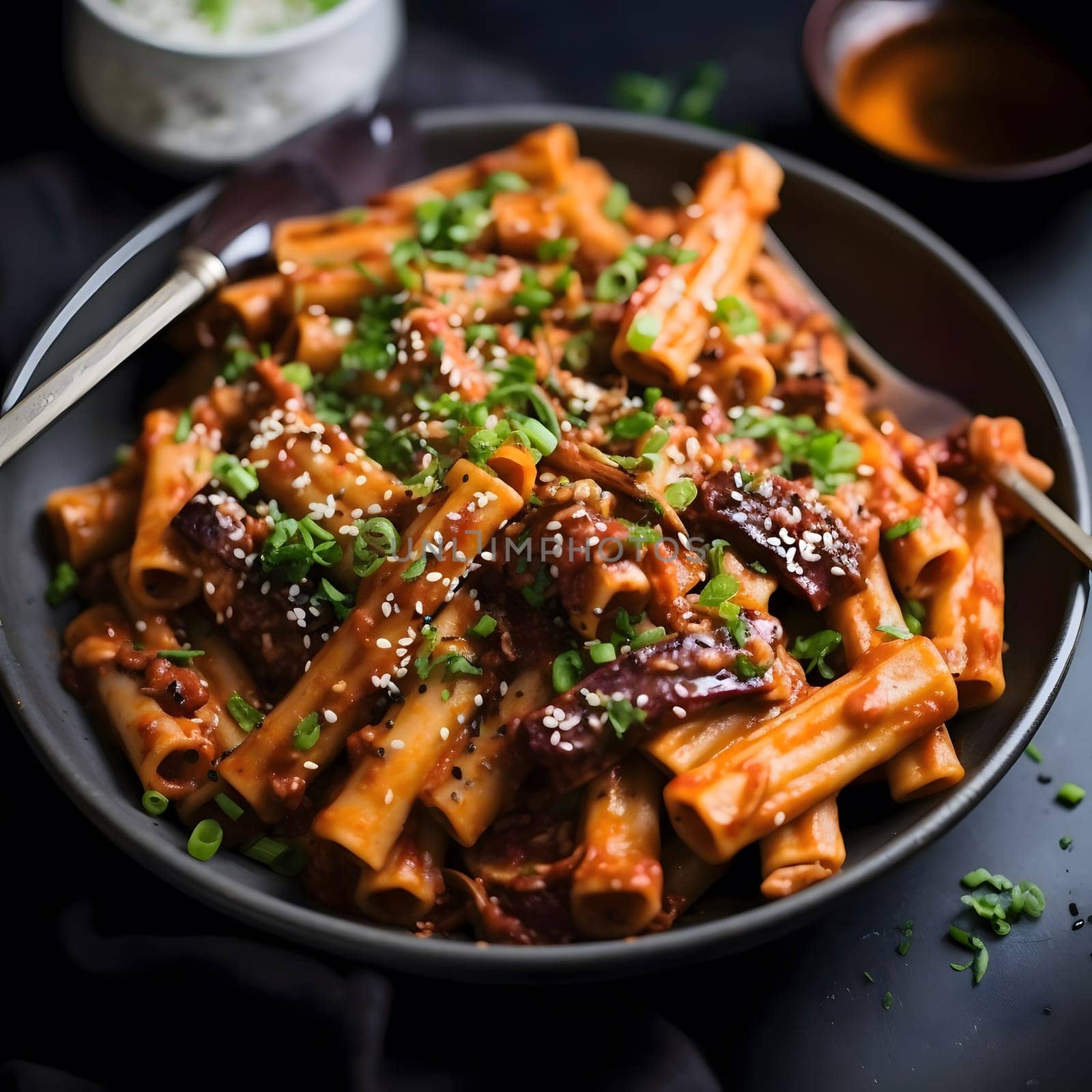 A close-up of a delicious Asian-inspired pasta dish with a savory sauce, sesame seeds, and green onions. This dish is perfect for a quick and easy dinner.