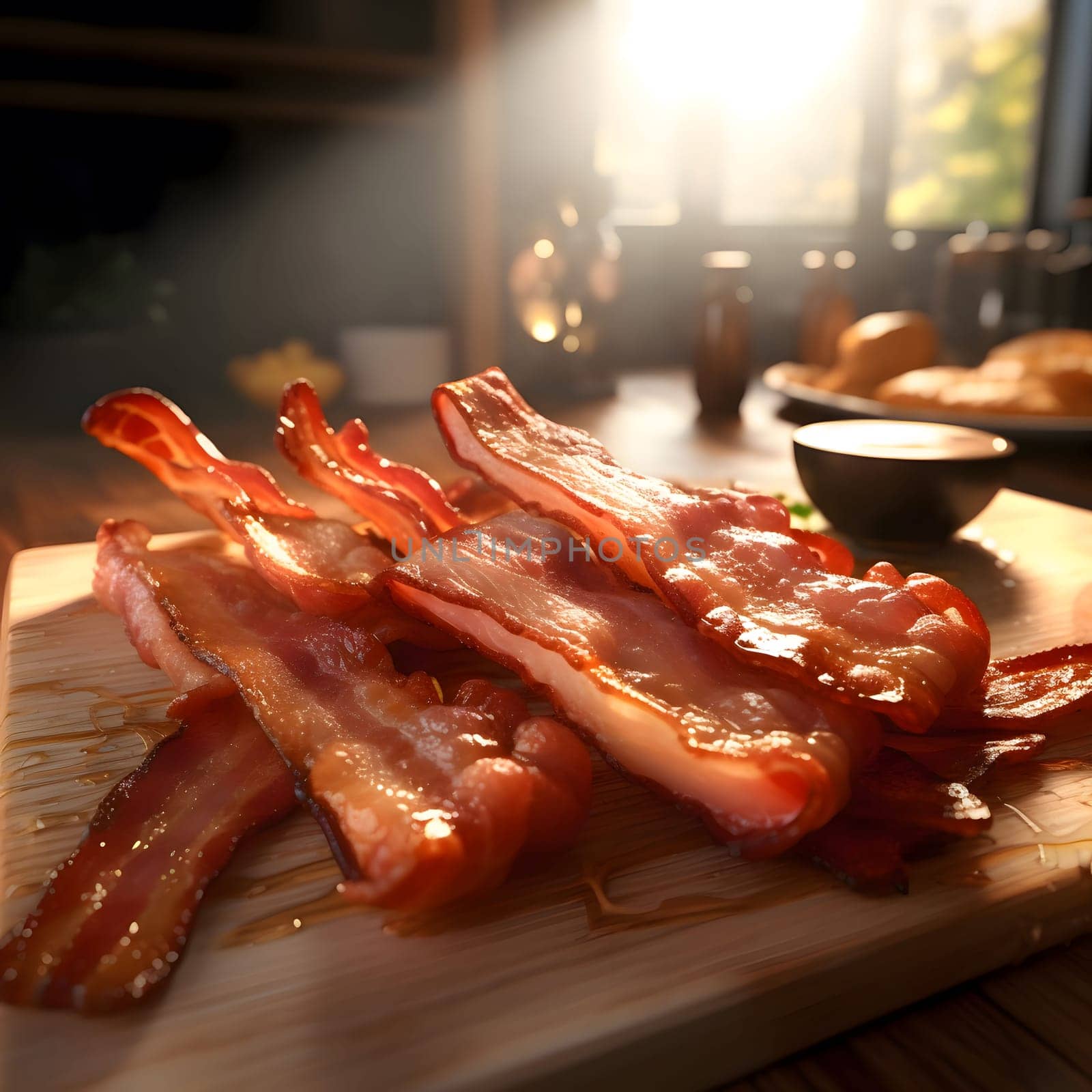 A close-up shot of crispy bacon on a wooden cutting board with a natural light shining through