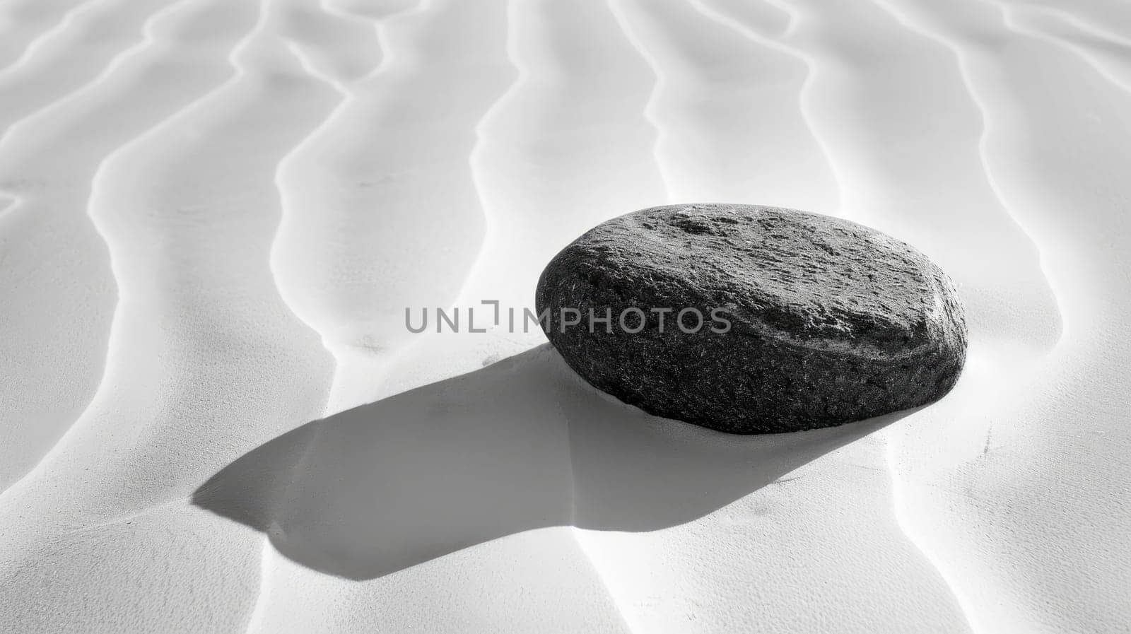 Black Rock on White Sand: Minimalist Zen Balance.