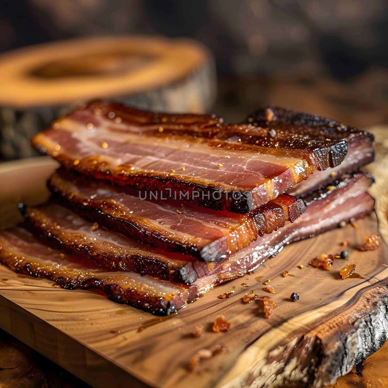 Close up of crispy bacon stacked on a rustic wooden cutting board.