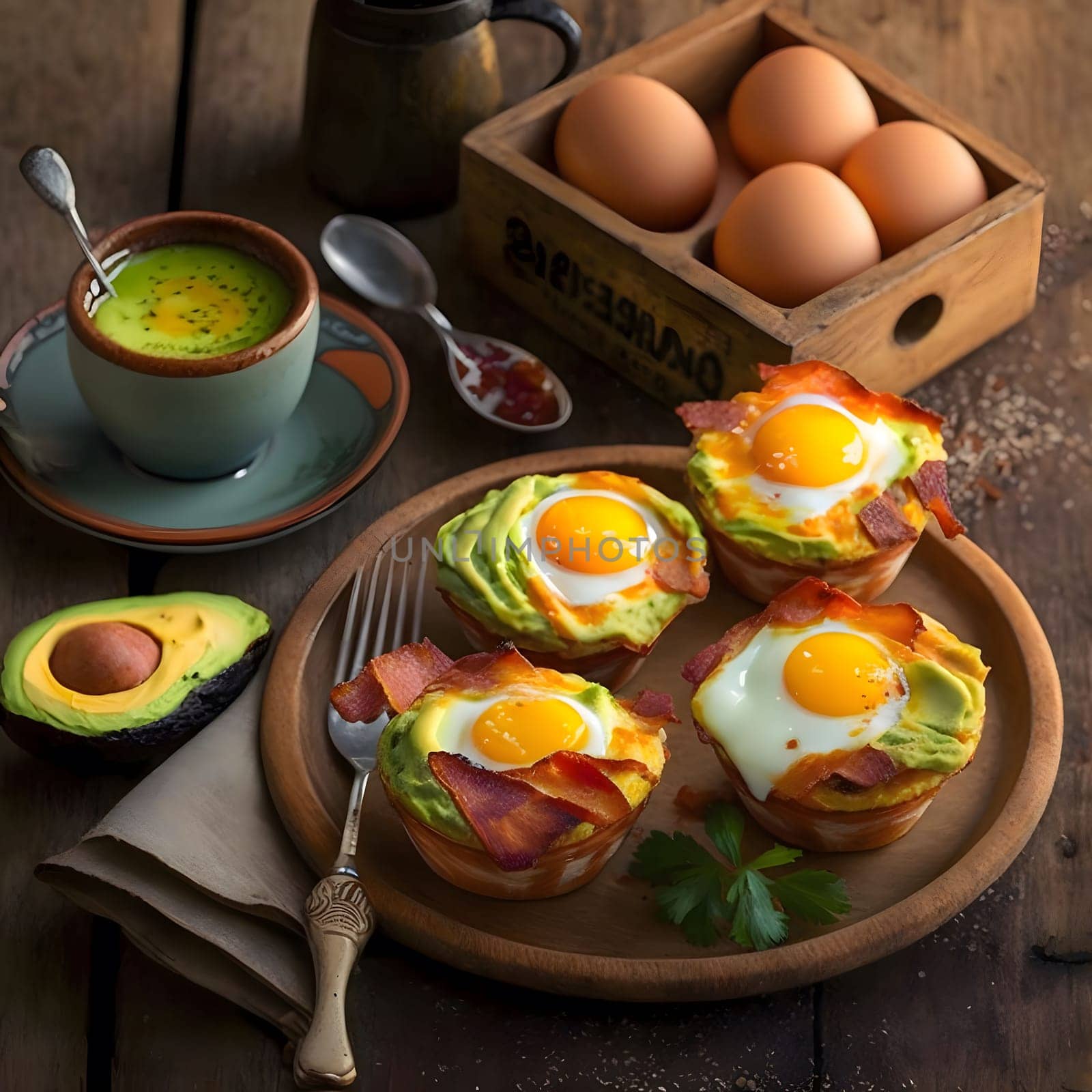 A close-up shot of a delicious avocado and egg breakfast with bacon.