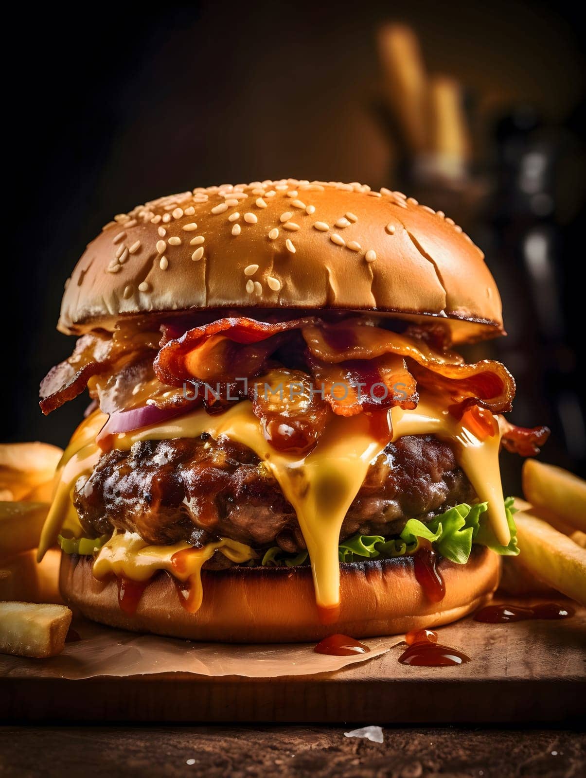 A close-up shot of a delicious cheeseburger with crispy bacon. The burger is topped with melted cheese, tomatoes, lettuce, onions, and a sesame seed bun. It looks juicy and flavorful, perfect for a satisfying meal.