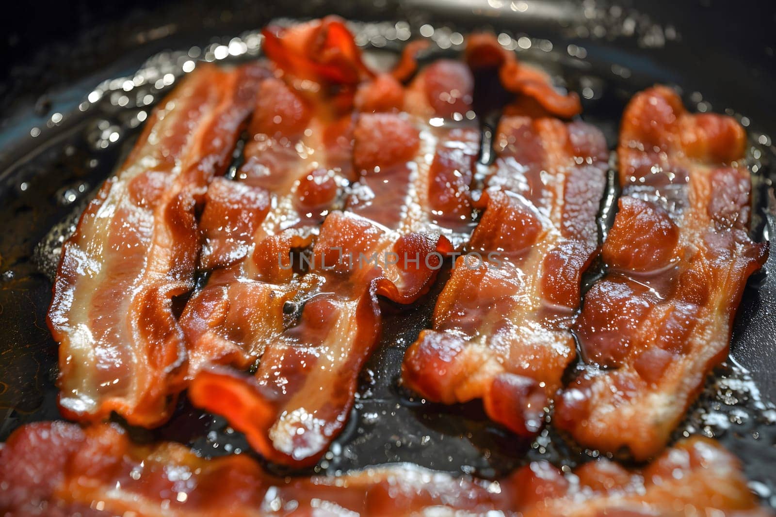 Close-up shot of crispy bacon sizzling in a pan, ready to be enjoyed.