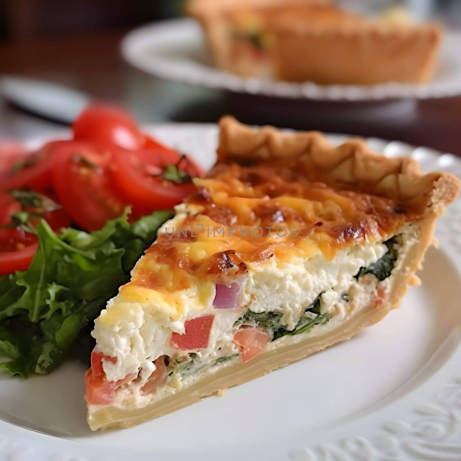 A slice of quiche with spinach, tomatoes, and cheese on a white plate with a salad on the side.