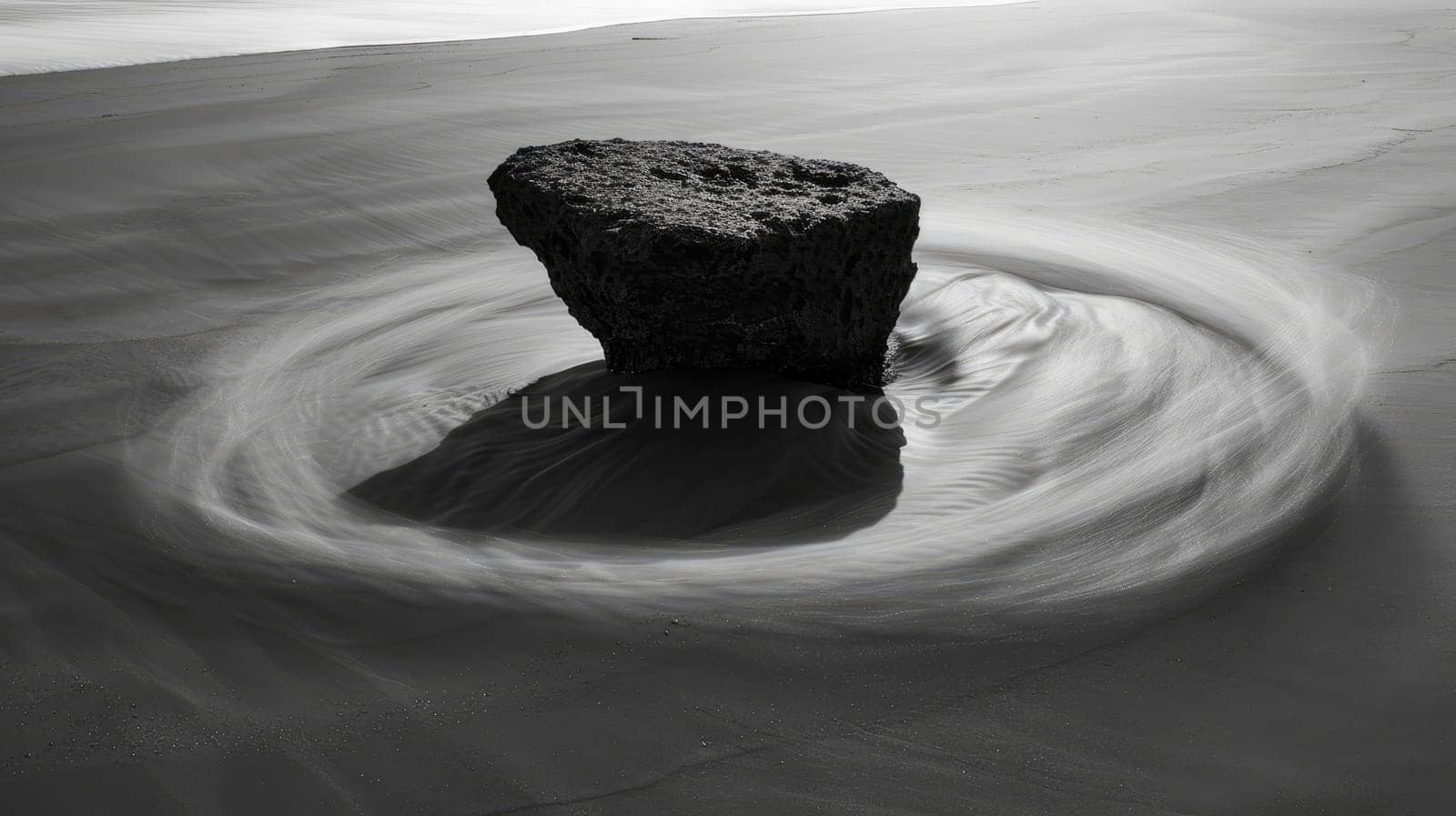Gravity-Defying Lone Rock and Vortex of Black and White Sand in Surreal Landscape.