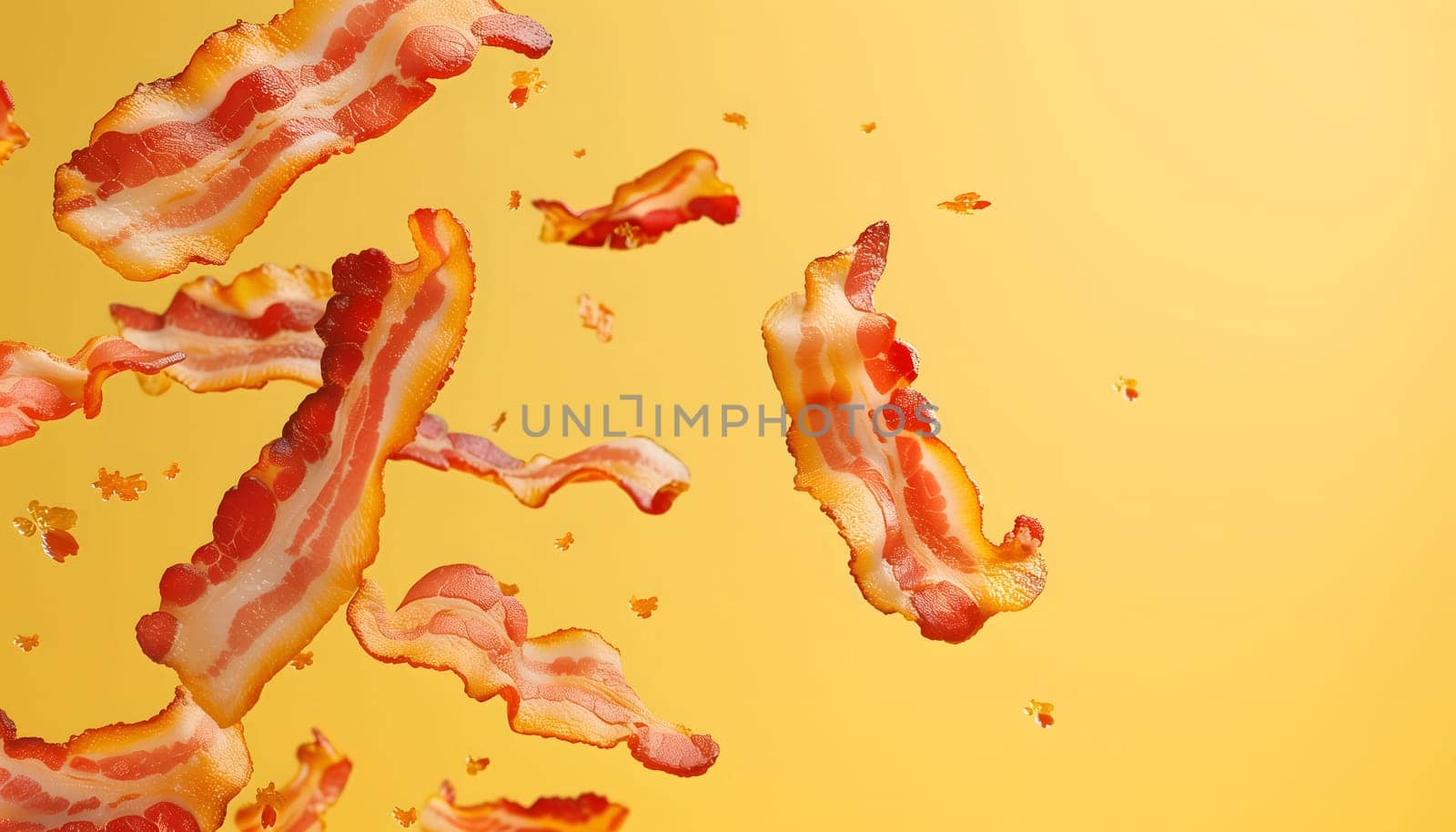 A close up of crispy bacon strips on a yellow background.