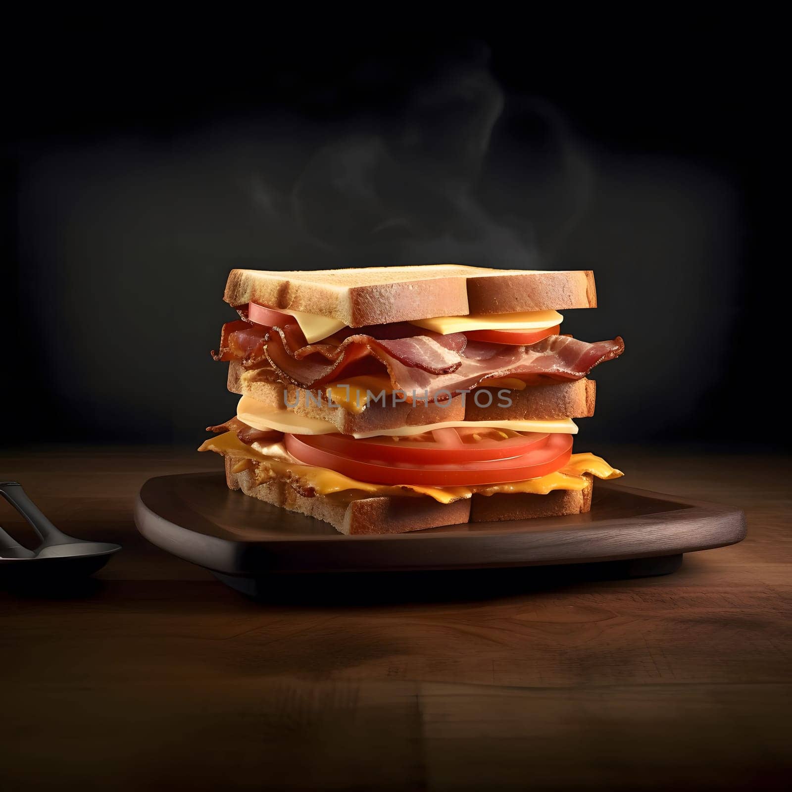 A close-up image of a mouthwatering bacon and cheese sandwich, with steaming cheese and crispy bacon, on a wooden tray against a dark background.