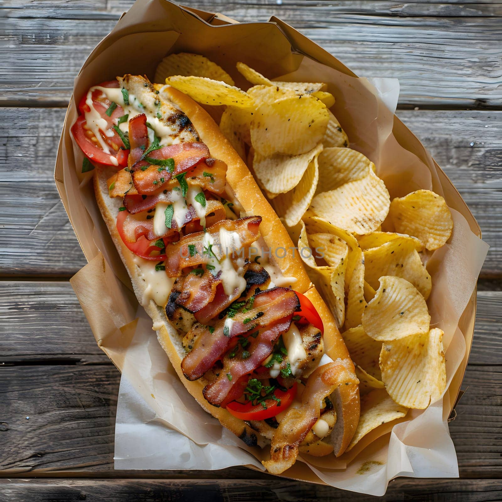 A mouthwatering bacon cheesesteak sub piled high with crispy potato chips. The sub is loaded with bacon, cheese, tomatoes, and sauce, all nestled in a toasted bun.