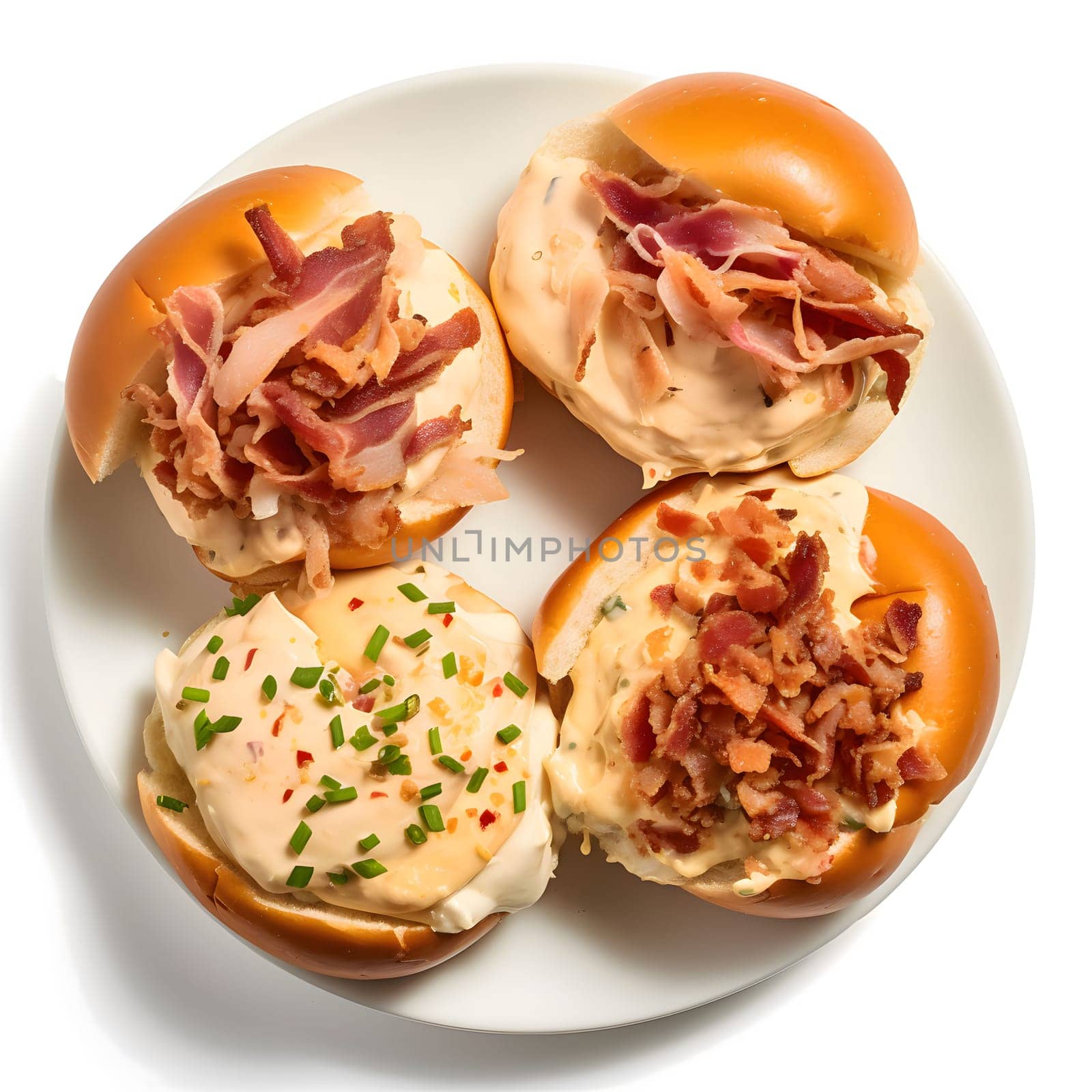 Close-up shot of four mini sandwiches on a white plate. The sandwiches are made with fresh bread rolls and filled with a creamy, savory filling, topped with crispy bacon and fresh herbs.