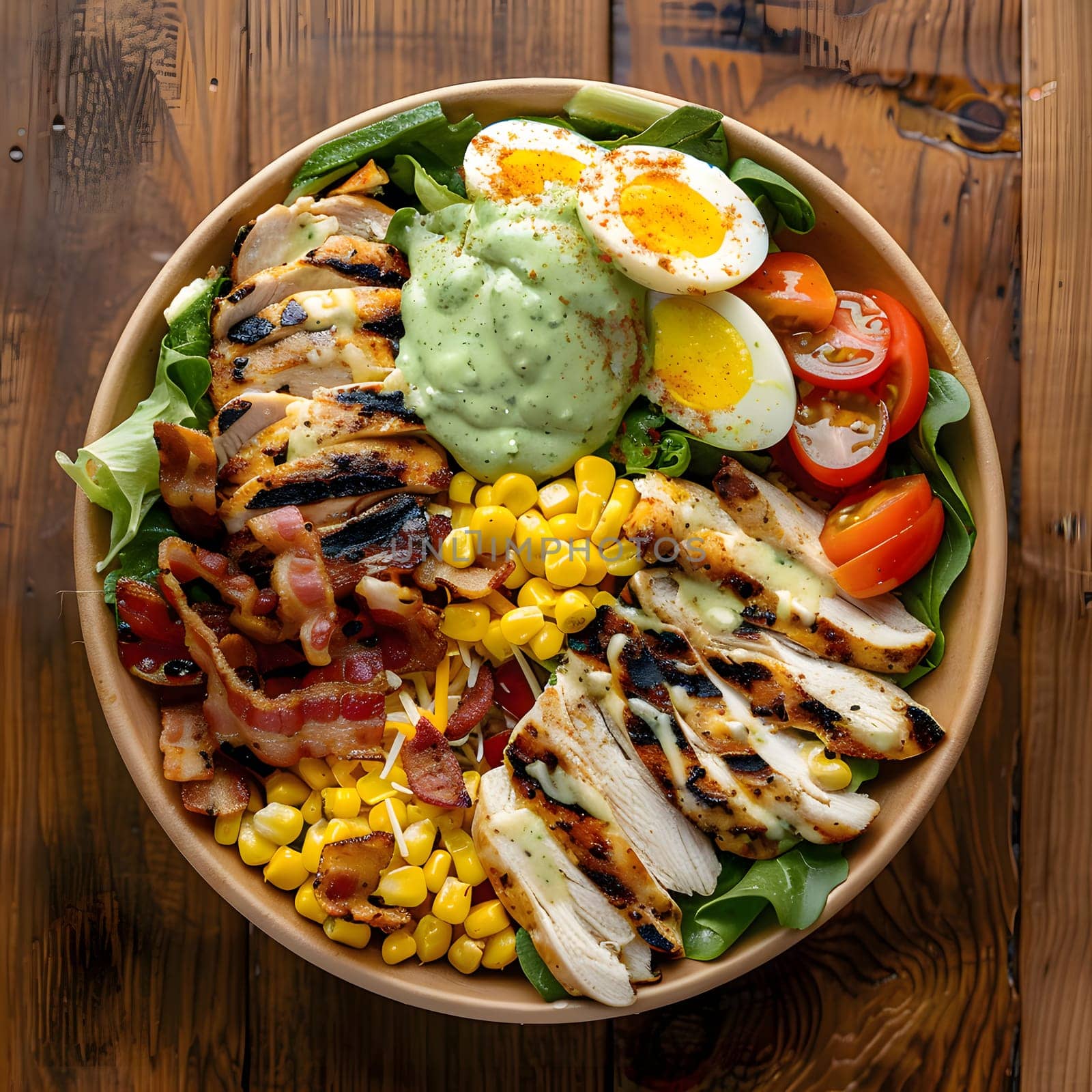 A close-up shot of a salad bowl filled with grilled chicken, bacon, corn, lettuce, tomato, egg, and guacamole dressing