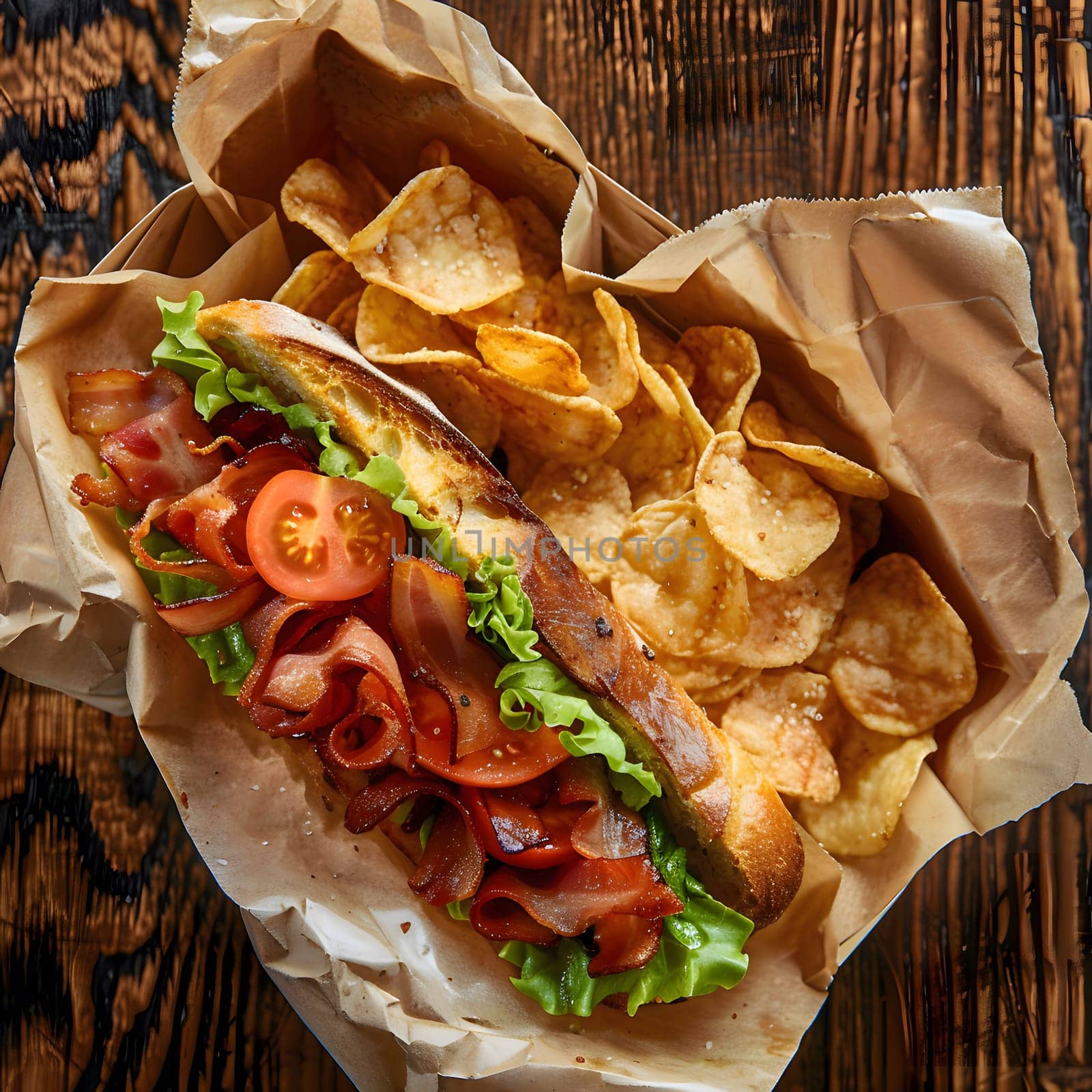 A close-up shot of a delicious bacon sandwich with crispy potato chips, set on a wooden table.