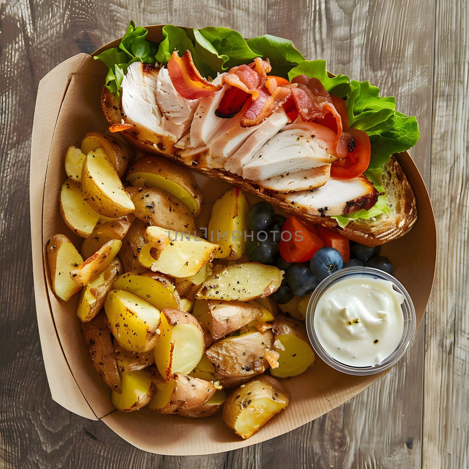 A close-up view of a delicious turkey and bacon sandwich served with potato wedges. The sandwich is fresh and crisp, with grilled turkey and crispy bacon. The potato wedges are roasted to perfection.