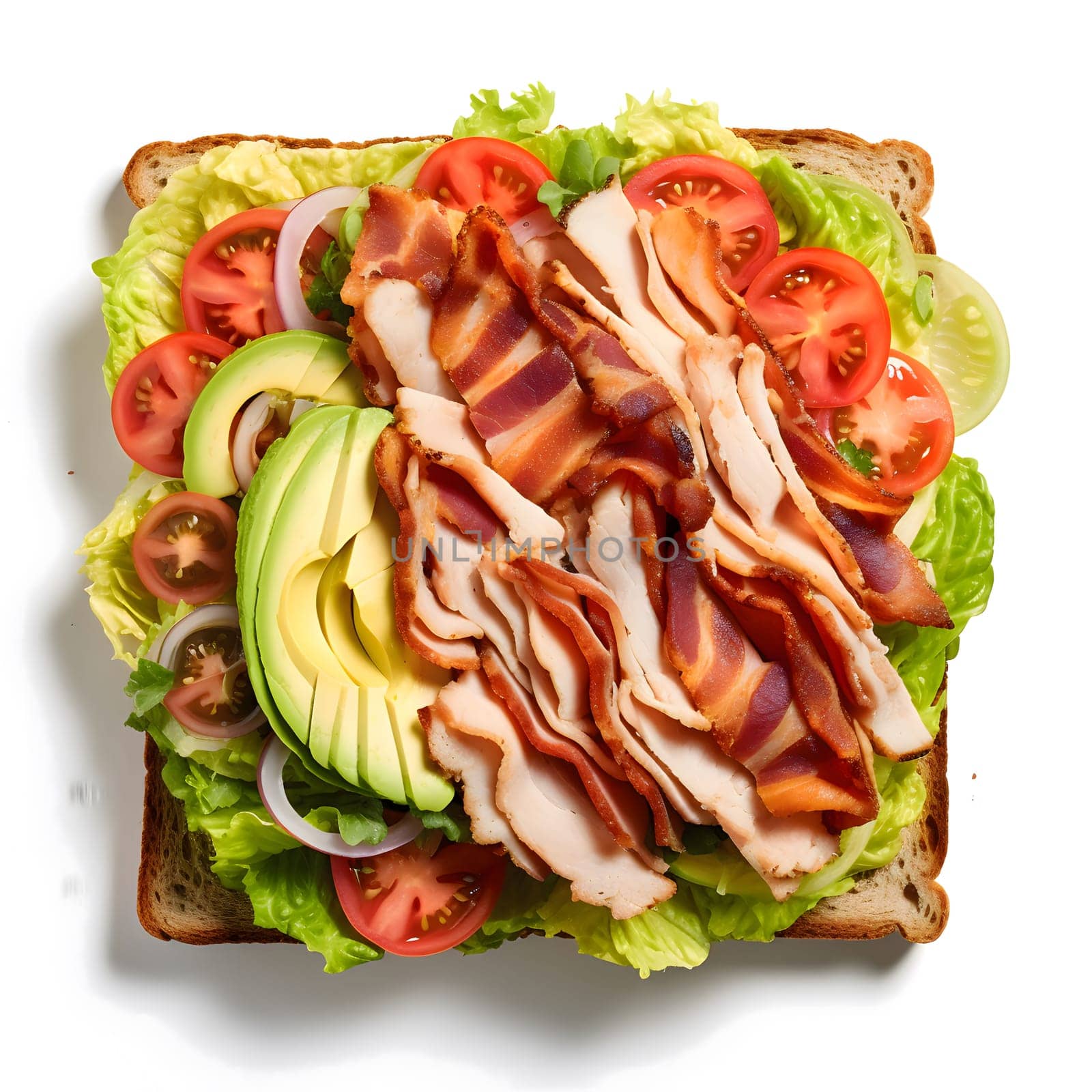 A mouthwatering sandwich filled with sliced turkey, crispy bacon, fresh lettuce, juicy tomatoes, ripe avocado, and red onions. It's a perfect lunch or dinner option.