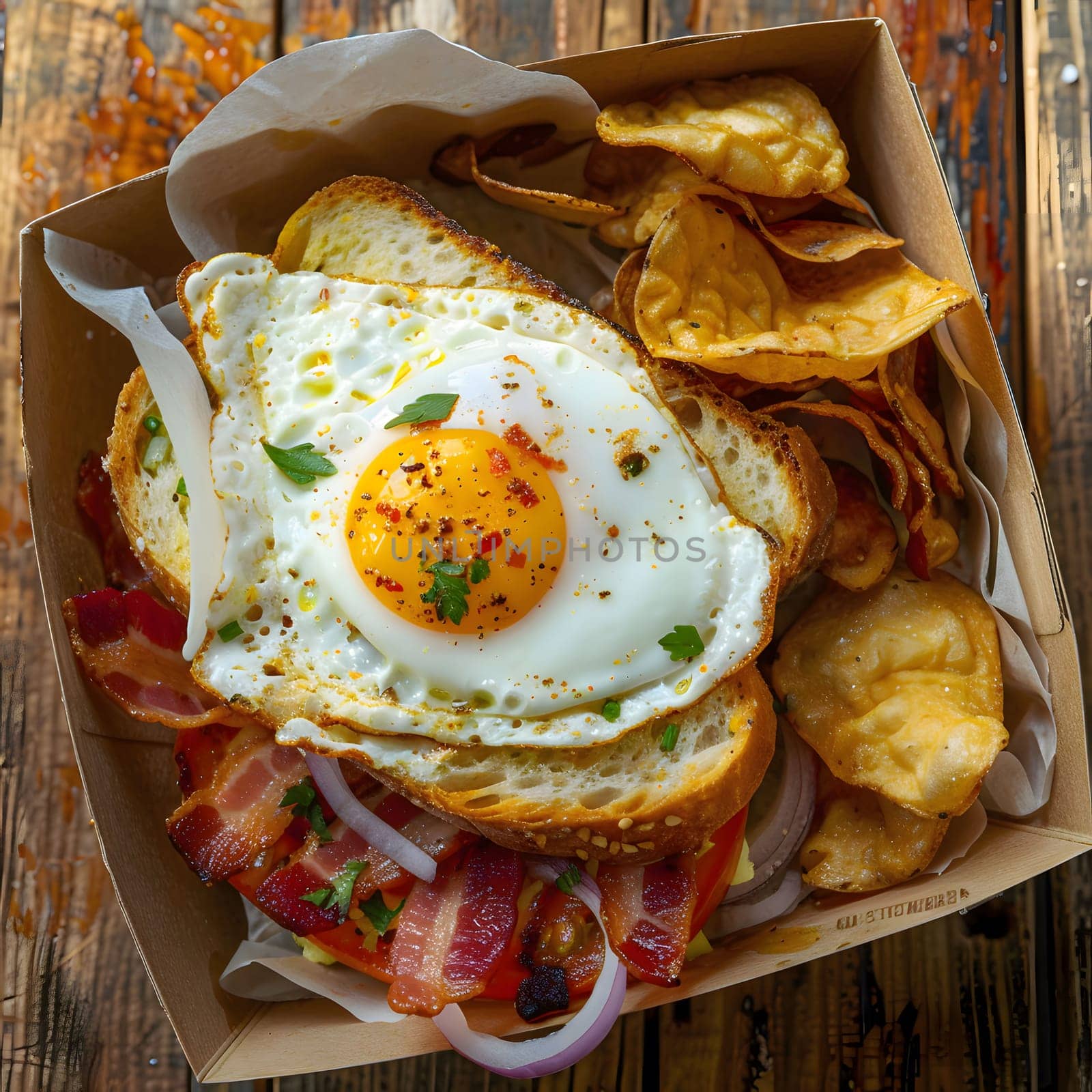 A delicious looking fried egg sandwich with crispy bacon, juicy tomatoes, and toasted bread, served with a side of potato chips.