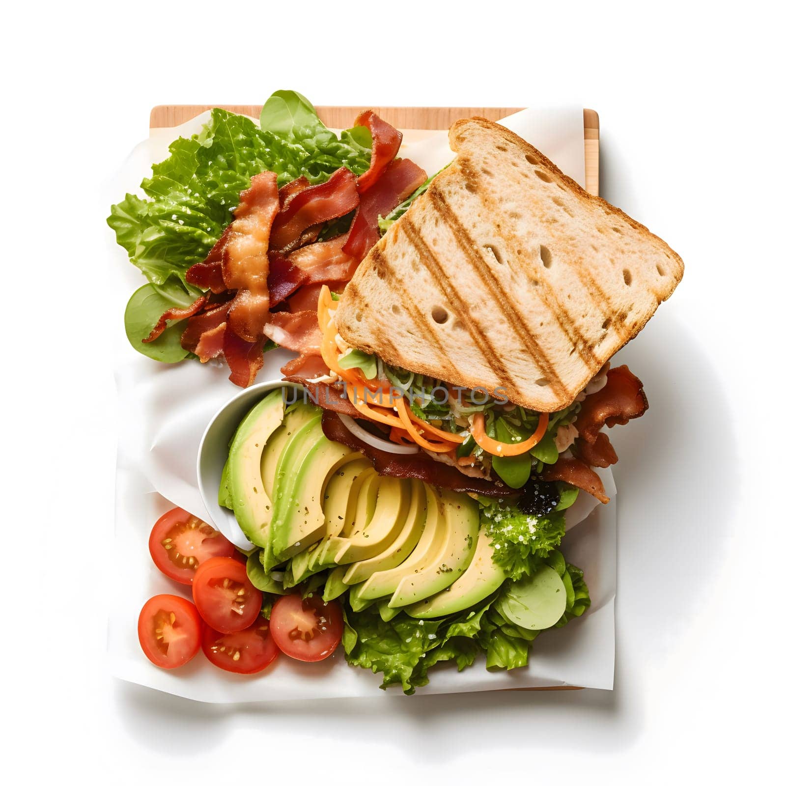 A close-up image of a delicious sandwich on a white background. The sandwich is filled with avocado, bacon, and grilled bread. The sandwich is surrounded by lettuce, tomatoes, and other vegetables.