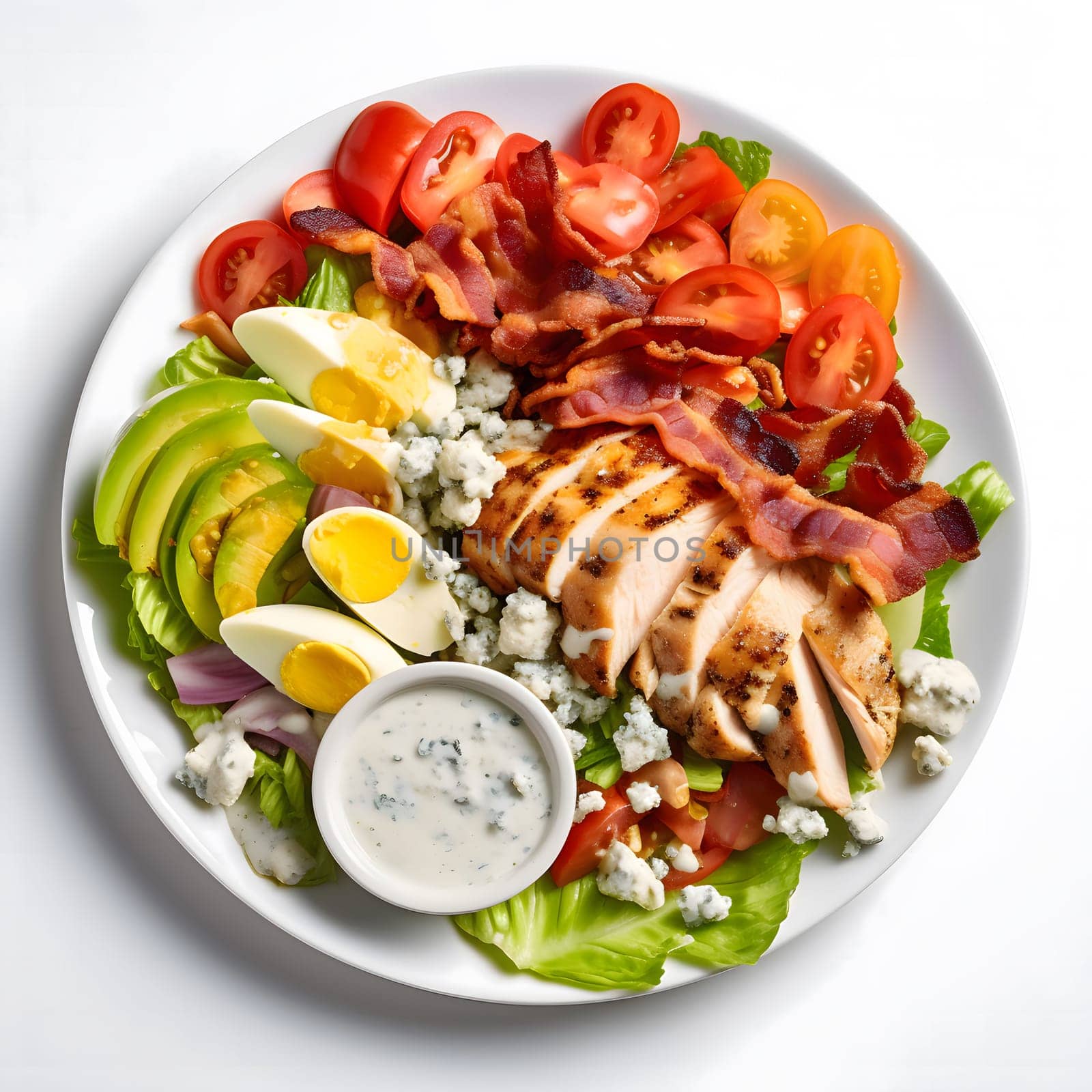 A colorful and delicious chicken salad with grilled chicken, crispy bacon, ripe tomatoes, avocado, eggs, blue cheese, and a creamy dressing.