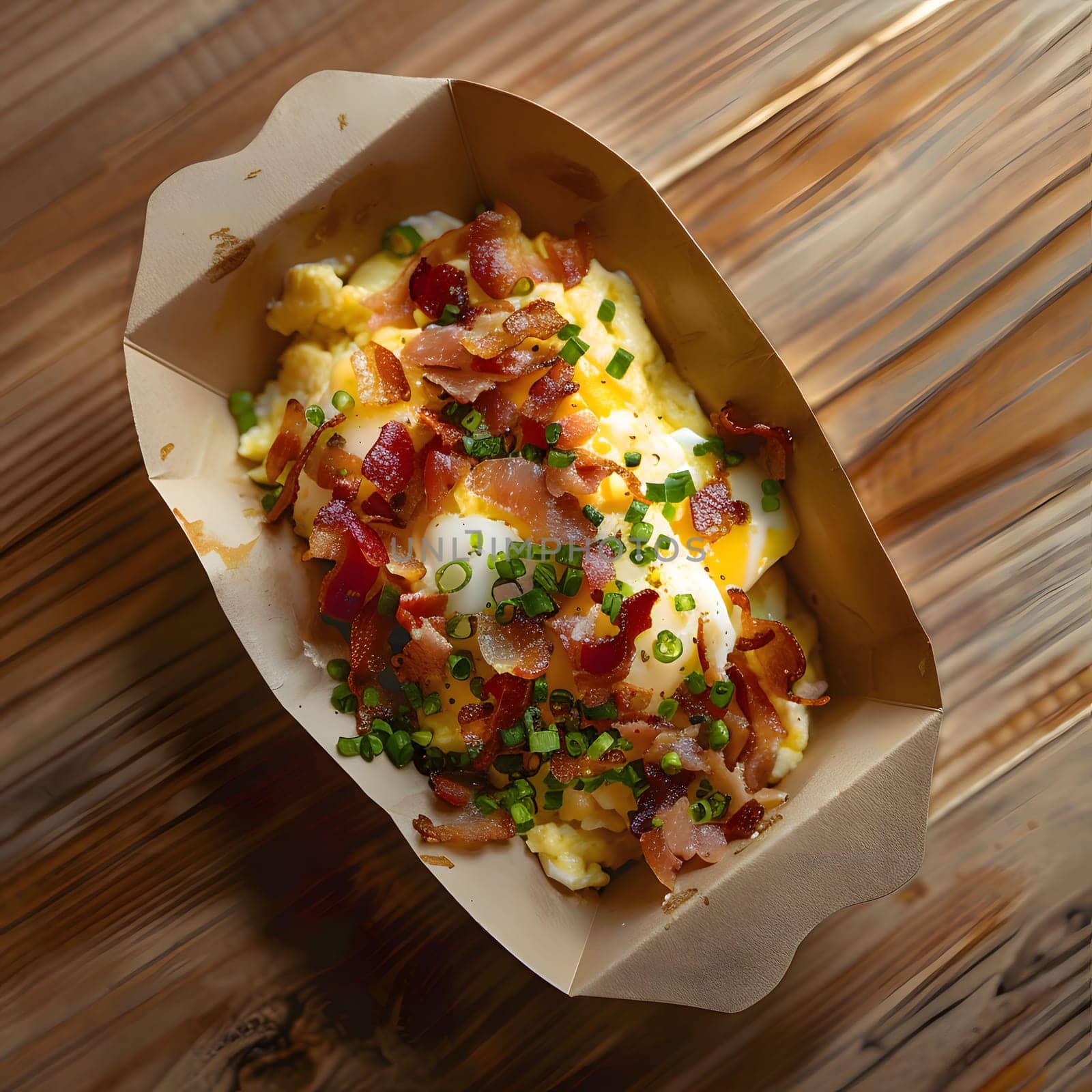 A plate of delicious bacon and eggs, perfectly cooked and served in a paper container.