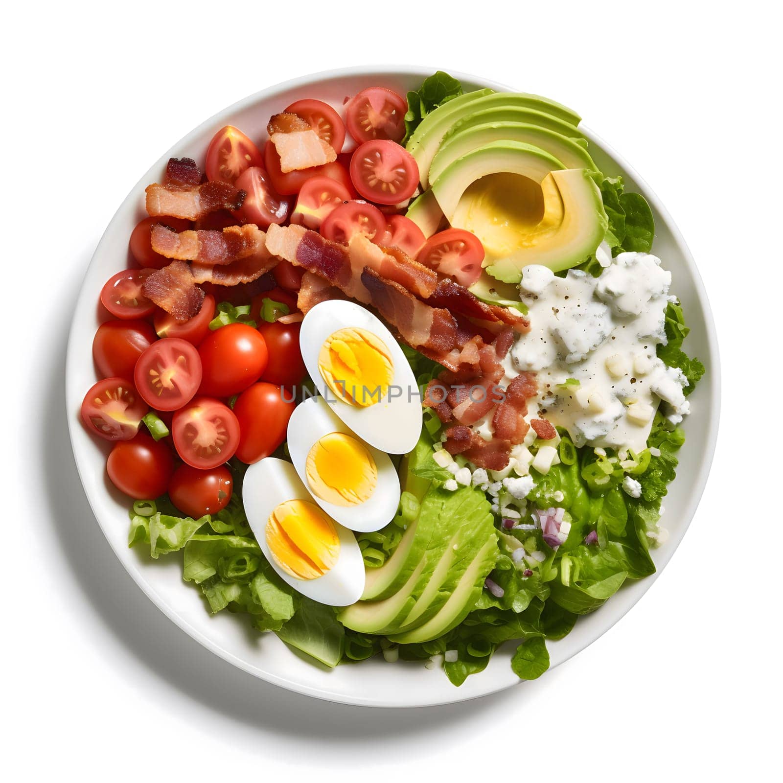 A colorful and appetizing Cobb salad with lettuce, tomatoes, bacon, avocado, eggs, blue cheese, and dressing. It looks fresh, delicious, and ready to be enjoyed
