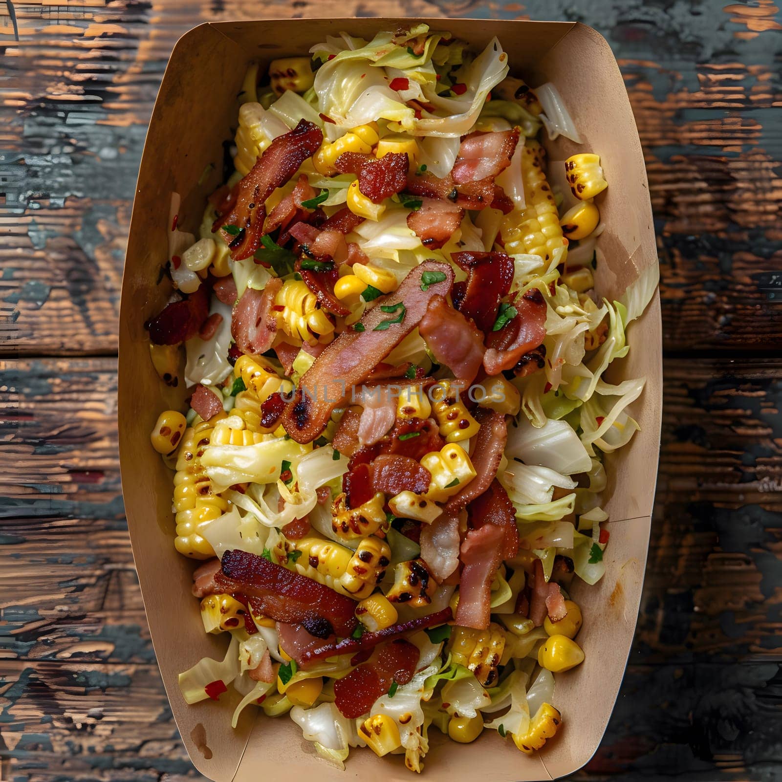 A close-up of a delicious corn and bacon salad in a paper container. The salad is a mix of fresh corn kernels, crispy bacon, and shredded cabbage.
