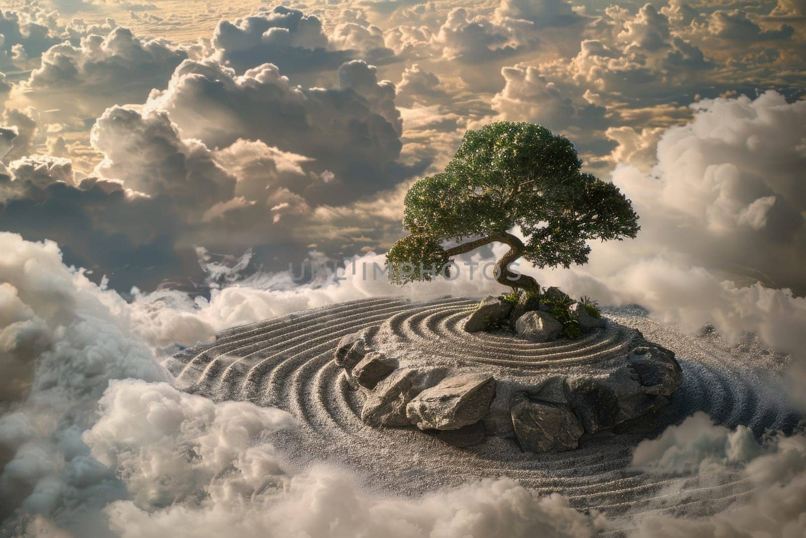 Tranquil Miniature Zen Garden with Bonsai Tree in Surreal Cloudscape.