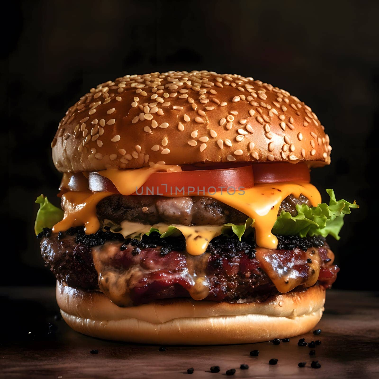 A close-up shot of a mouthwatering cheeseburger with a sesame seed bun. The burger is piled high with juicy beef patty, melted cheese, crisp lettuce, and a fresh tomato. The dark background highlights the vibrant colors of the burger.