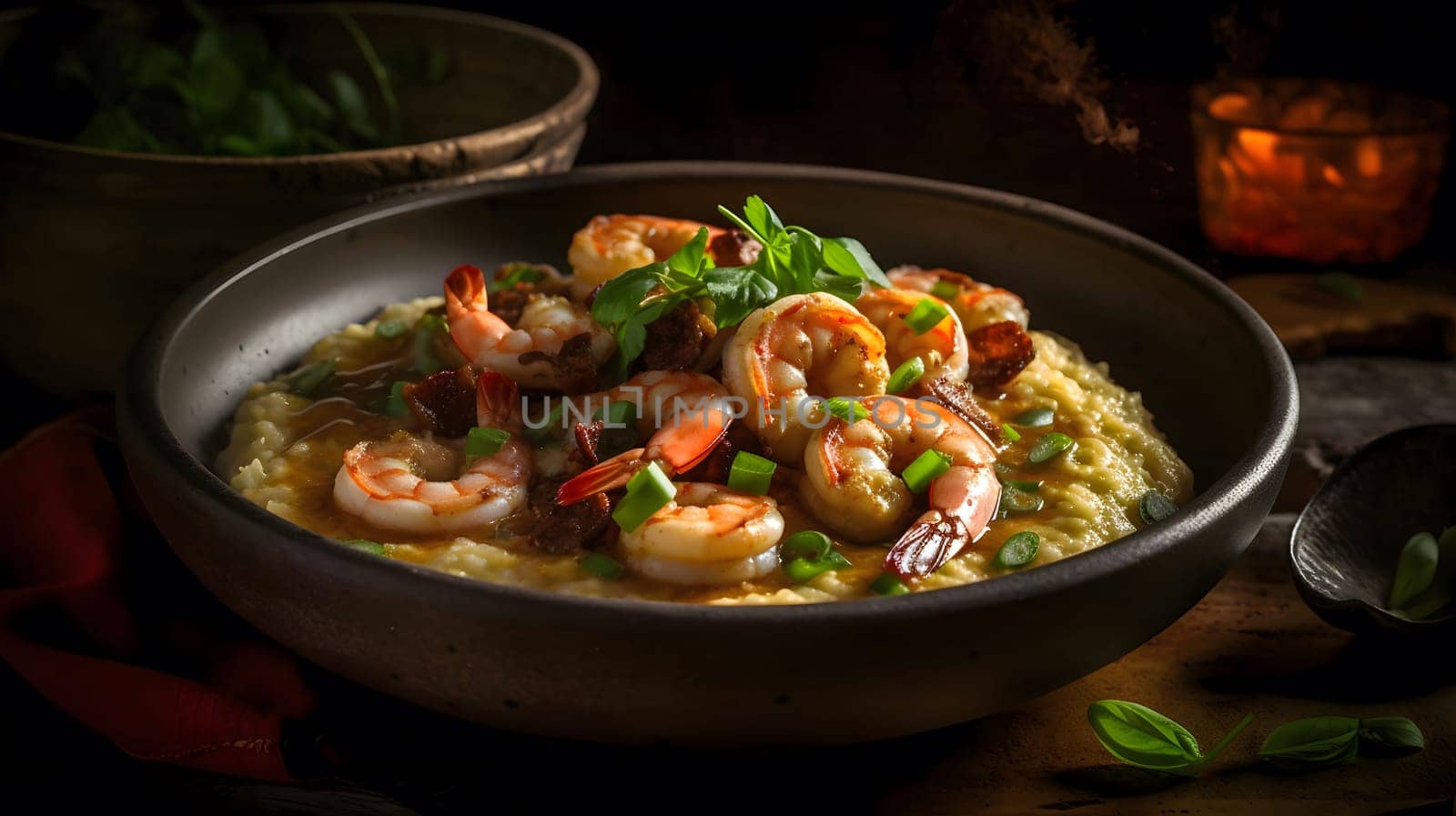 A close-up of a delicious dish of shrimp and grits, a classic Southern comfort food. The shrimp are cooked to perfection and the grits are creamy and flavorful. The dish is garnished with green onions and fresh basil.