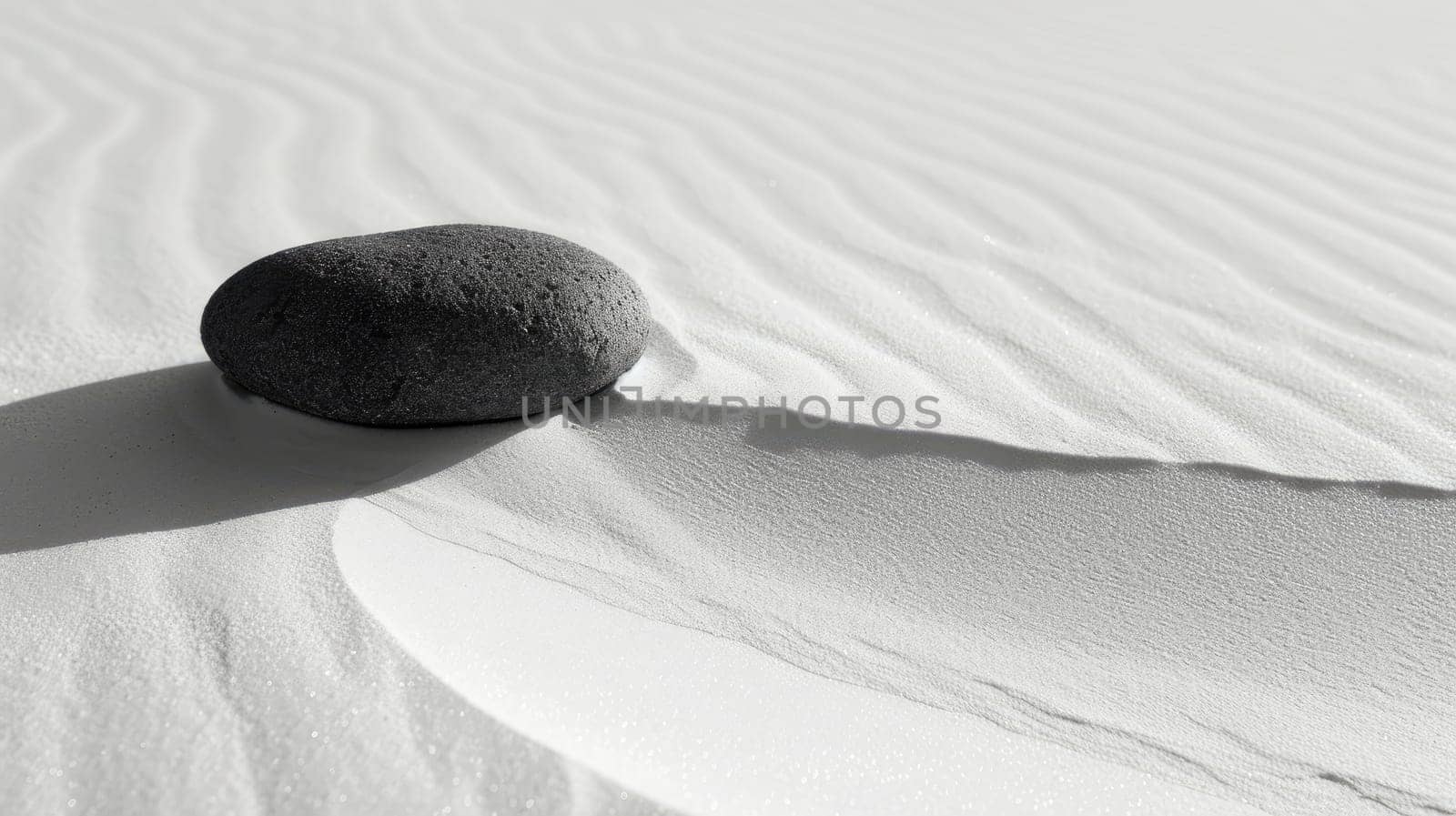 Black Rock on White Sand: Minimalist Zen Balance.