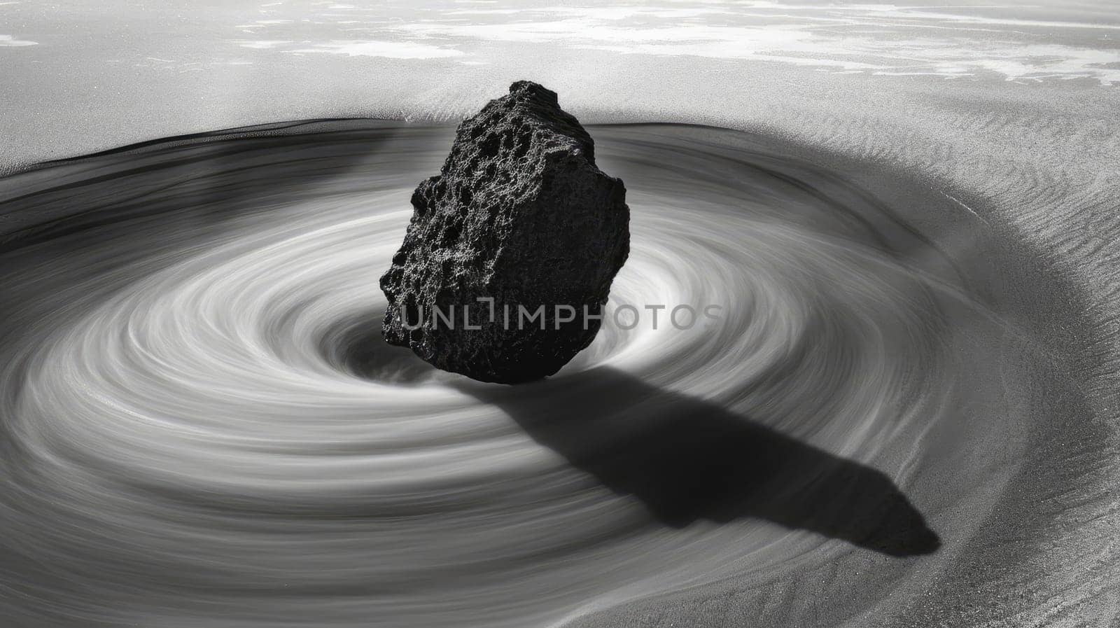 Gravity-Defying Lone Rock and Vortex of Black and White Sand in Surreal Landscape.