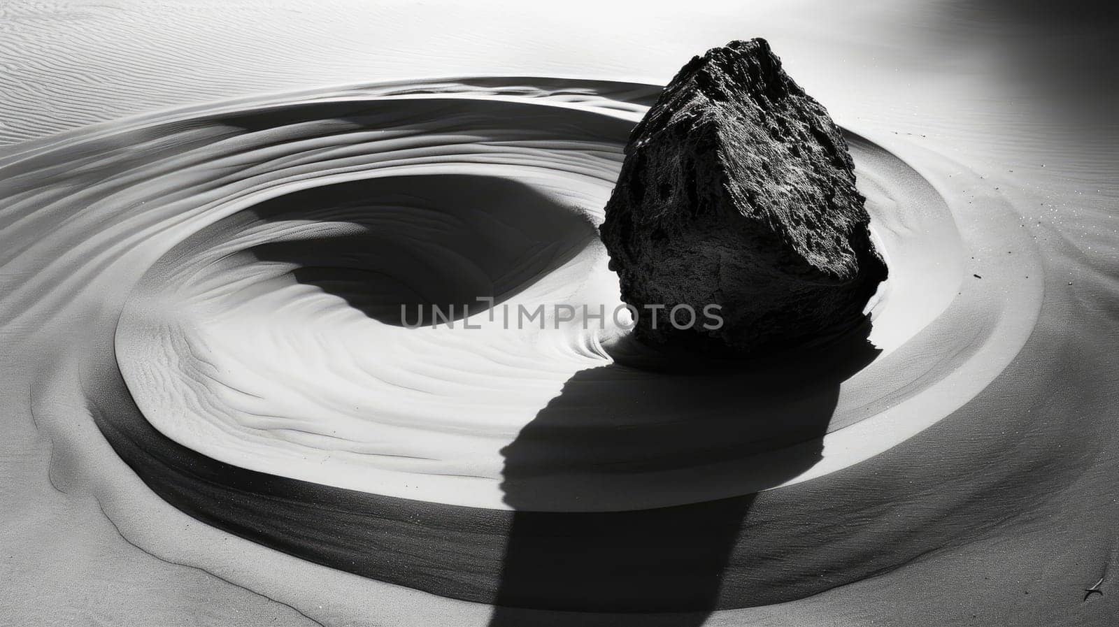 Gravity-Defying Lone Rock and Vortex of Black and White Sand in Surreal Landscape.