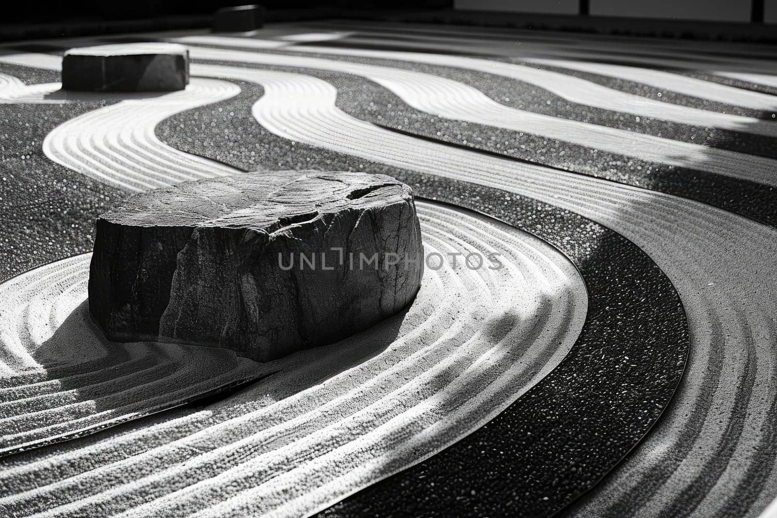 Zen garden with geyser of water disrupting order, representing impermanence ,Serenity Shattered.