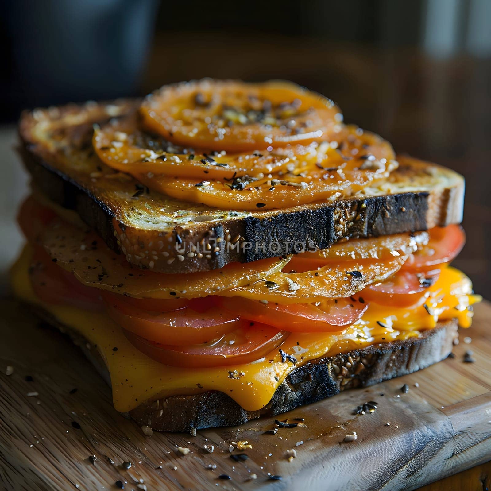 A close up of a grilled cheese sandwich with tomatoes and spices, the cheese is melted and gooey, the bread is crispy, and the tomatoes are juicy and flavorful