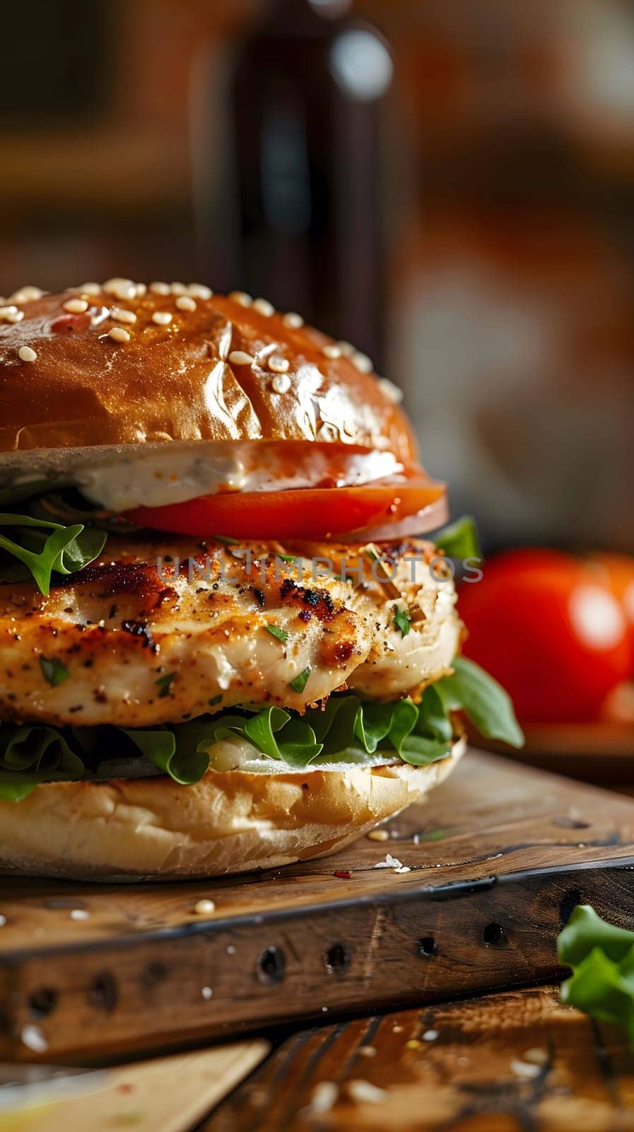 A close-up view of a mouthwatering chicken burger on a wooden cutting board, with a juicy chicken patty, fresh lettuce, tomato, and a toasted sesame bun.