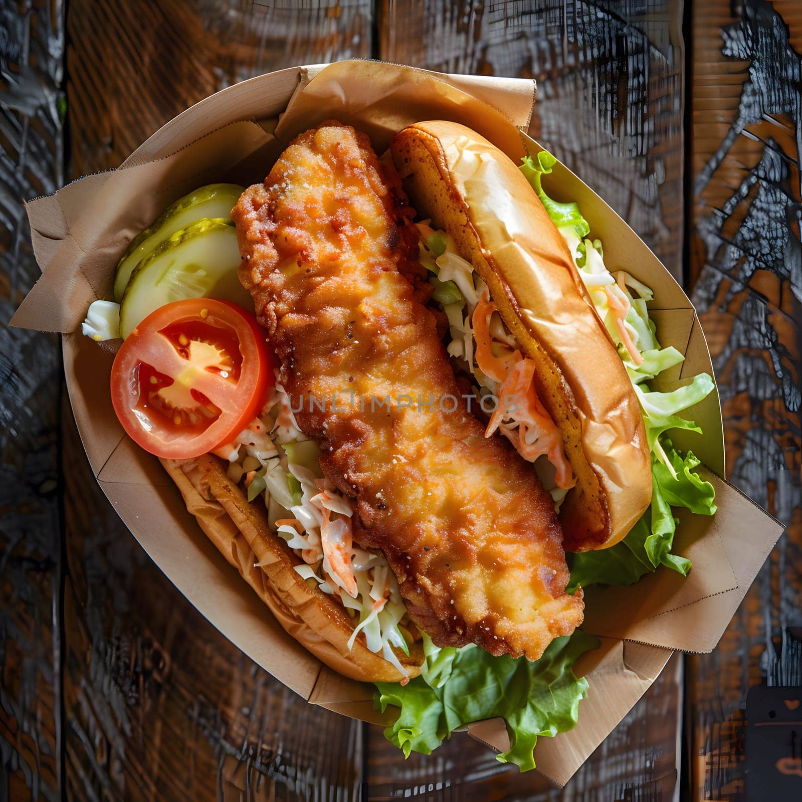 A delicious fried fish sandwich with coleslaw on a soft bun. The fish is crispy on the outside and moist on the inside, and the coleslaw is fresh and tangy.