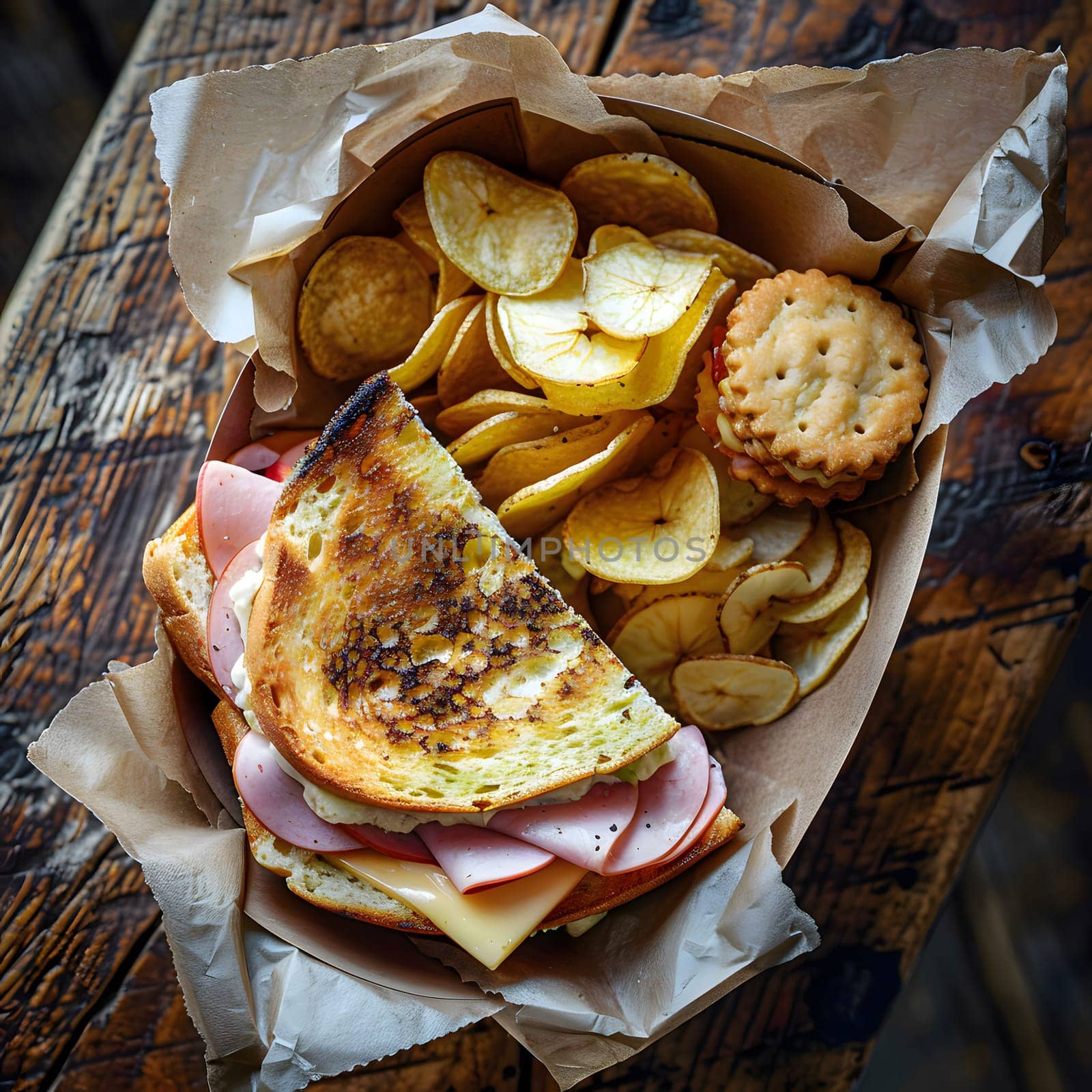 A delicious grilled ham and cheese sandwich with a side of crispy potato chips, perfect for a quick and easy meal.