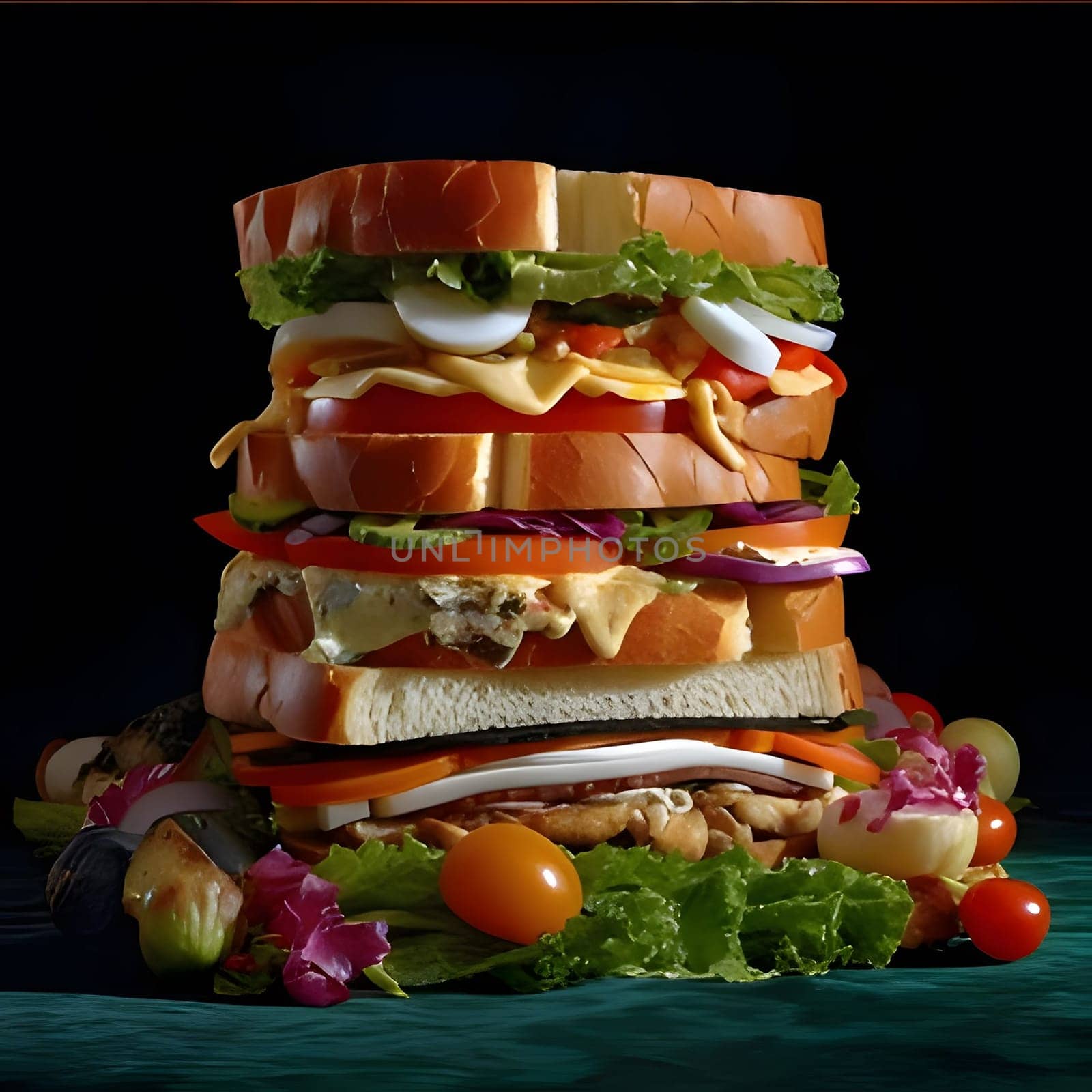 A close-up shot of a tall stack of delicious sandwiches with various fillings, including meat, cheese, tomatoes, and lettuce.